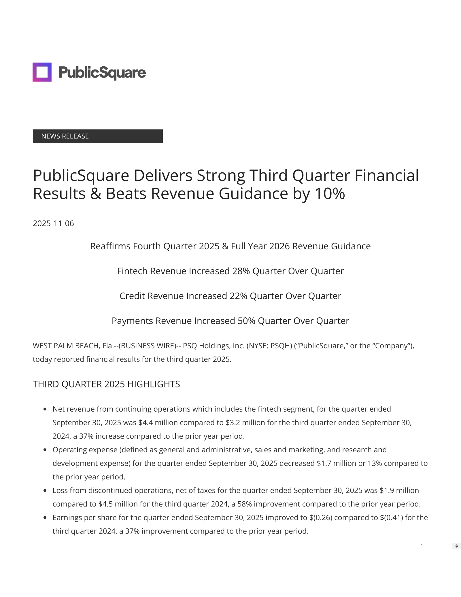 PSQ's Q3 2025 Earnings Release