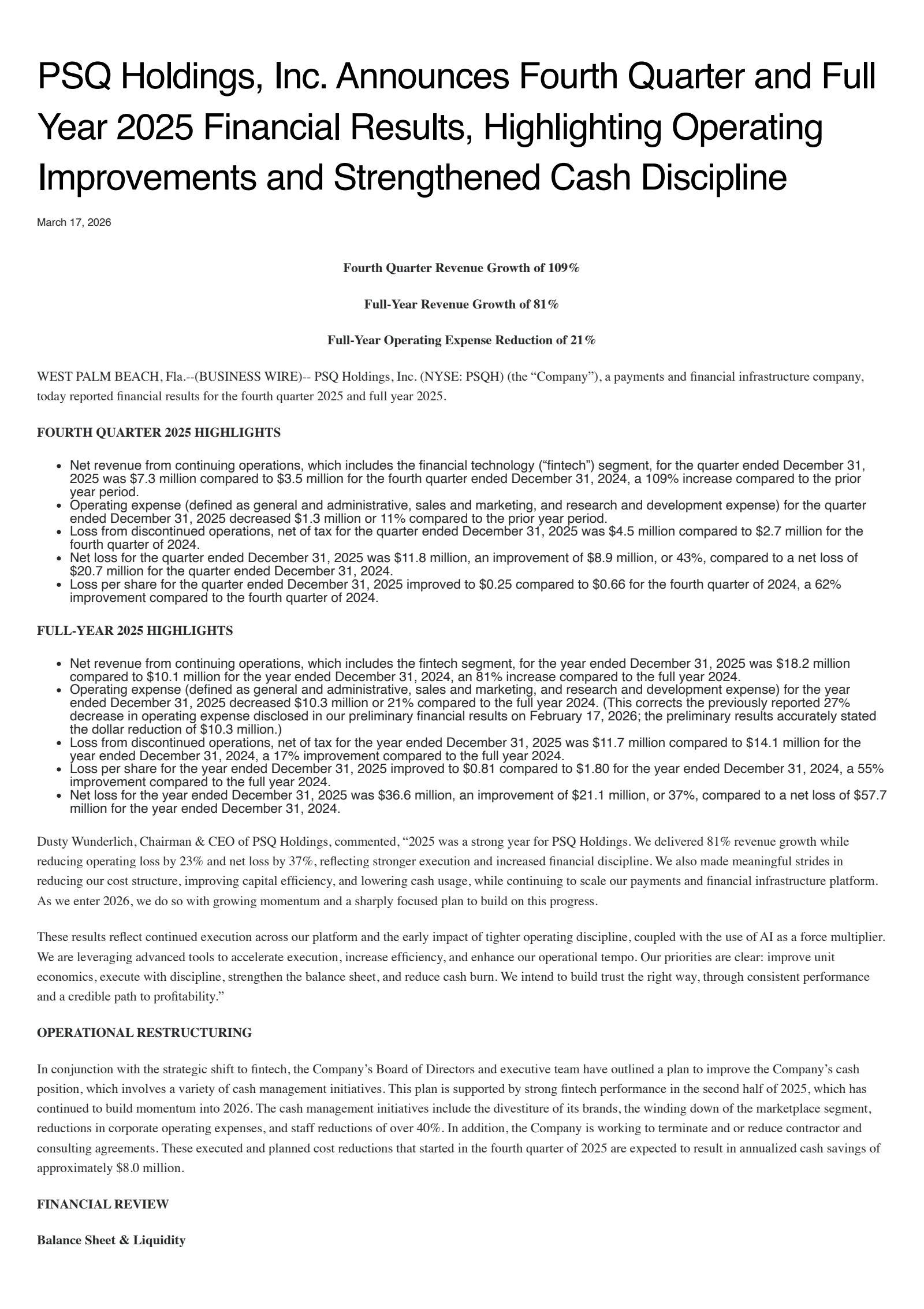 PSQH Q4 2025 Earnings Report on 3/17/2026