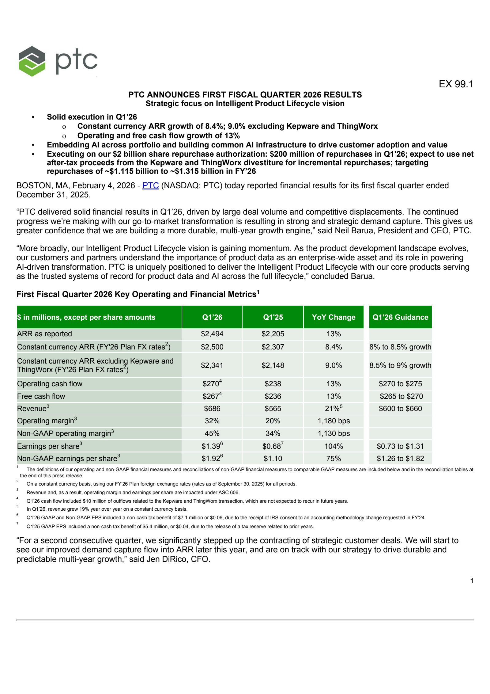 PTC's Q1 2026 Press Release