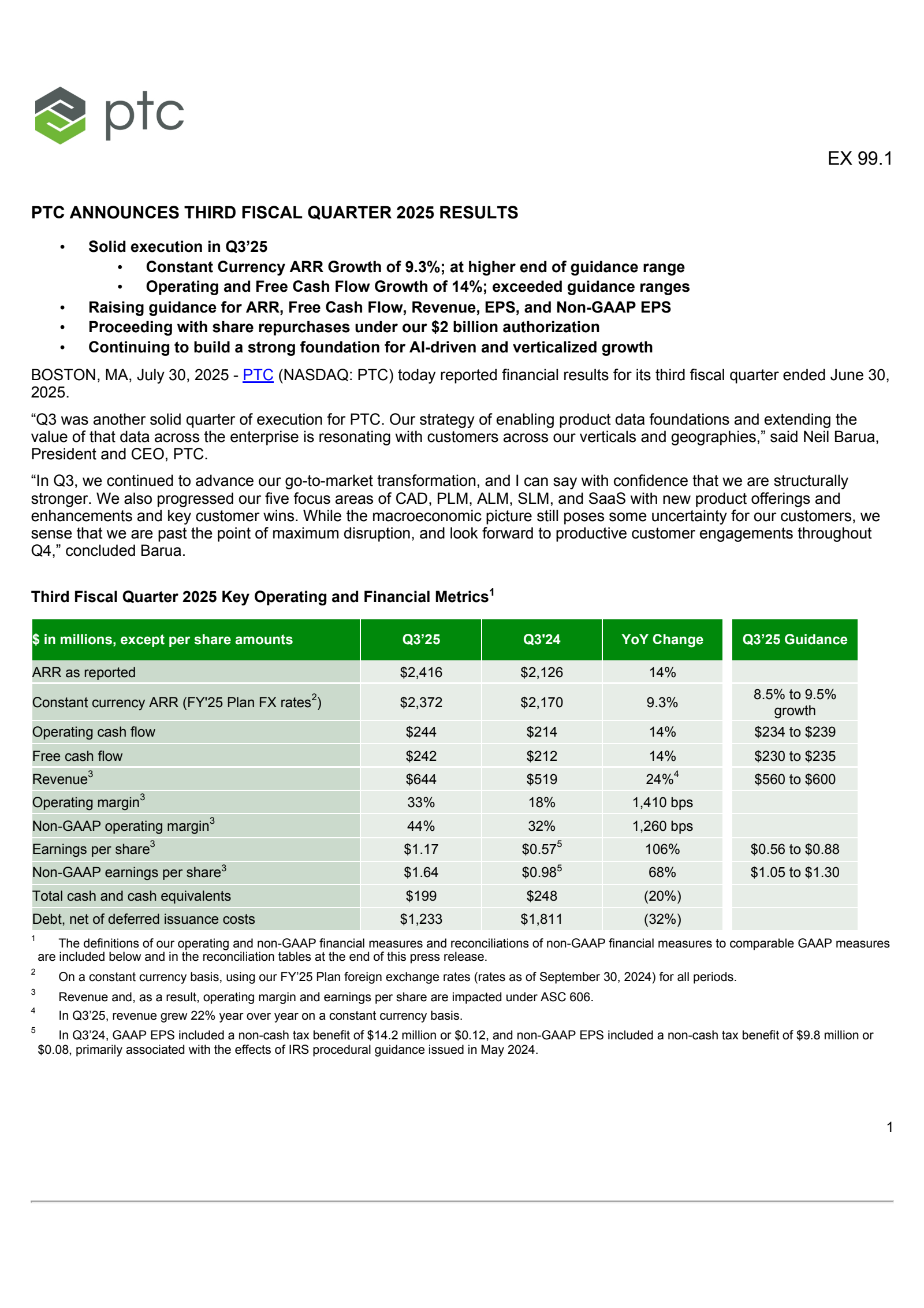 PTC's Q3 2025 Press Release