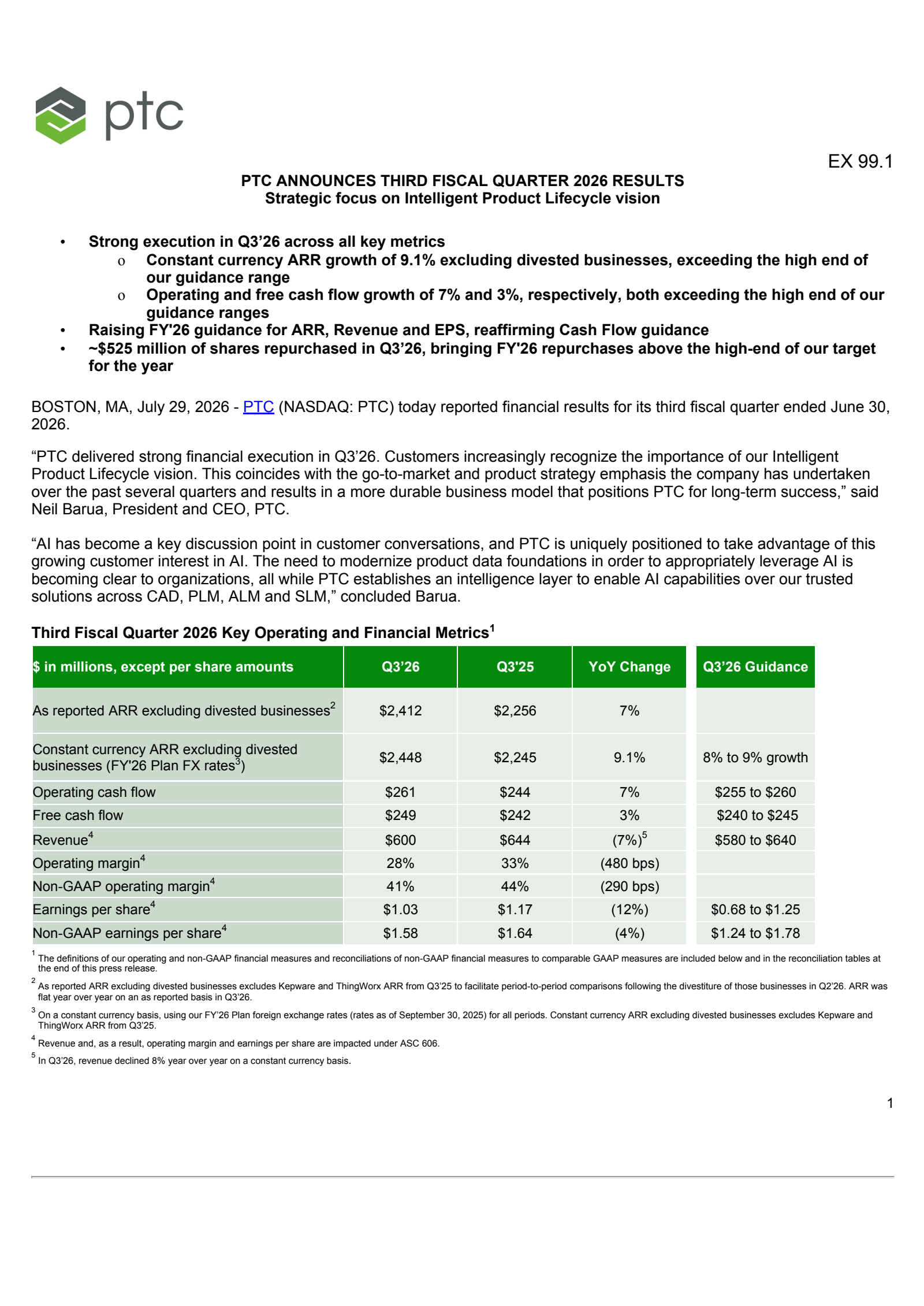 PTC's Q3 2026 Press Release