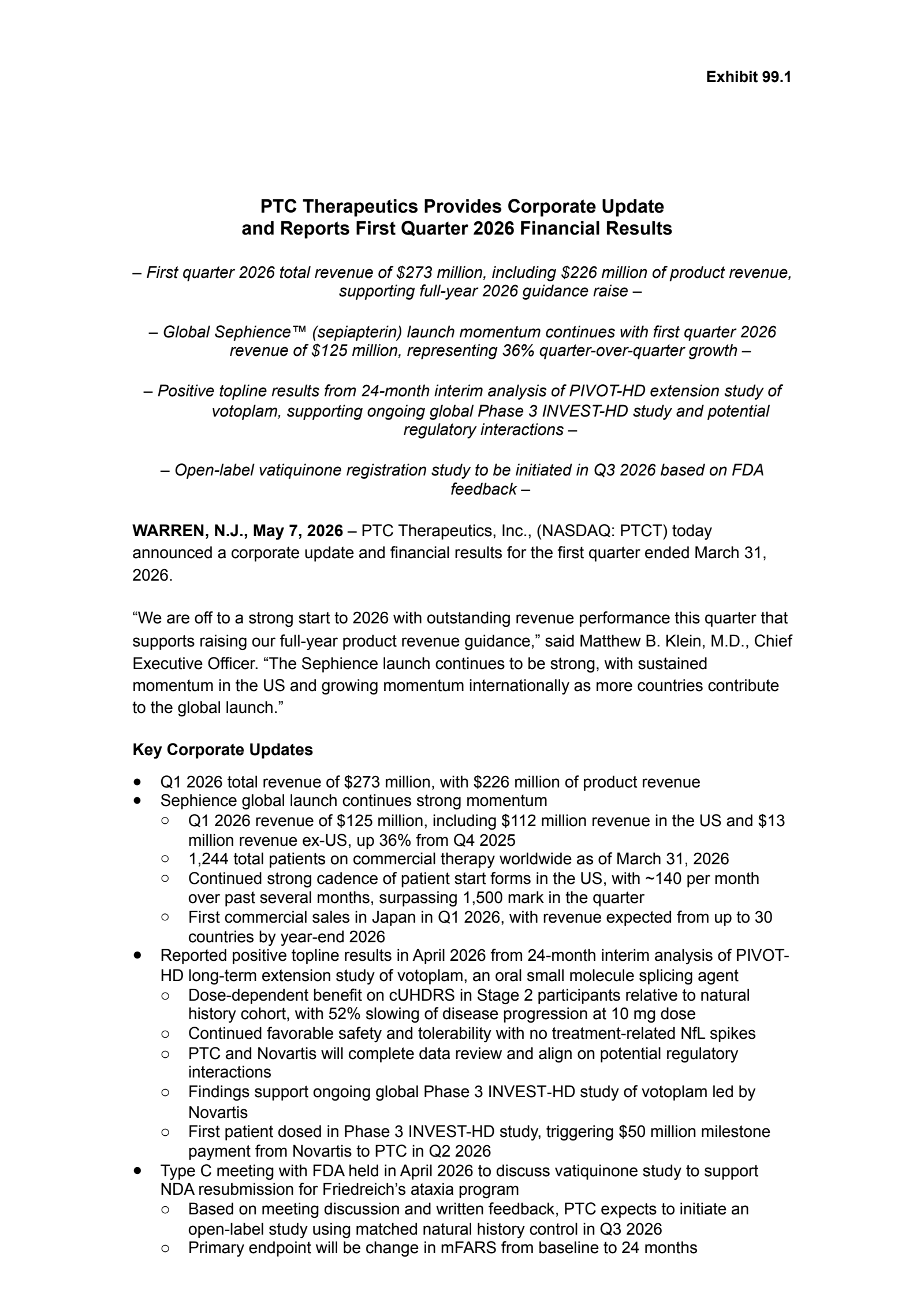 PTC Therapeutics' Q1 2026 Press Release