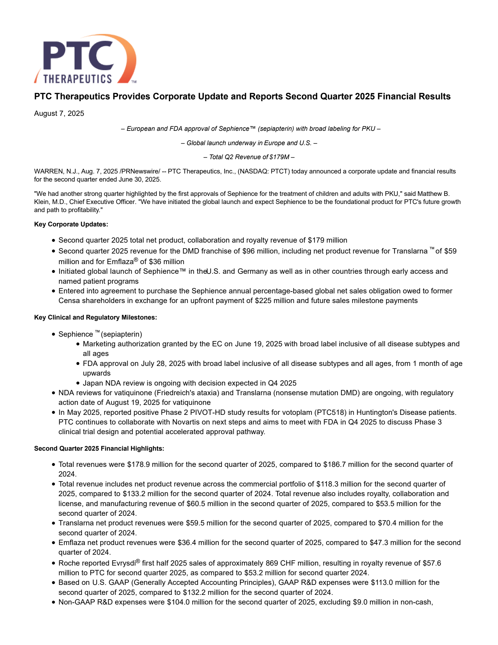 PTC Therapeutics' Q2 2025 Press Release