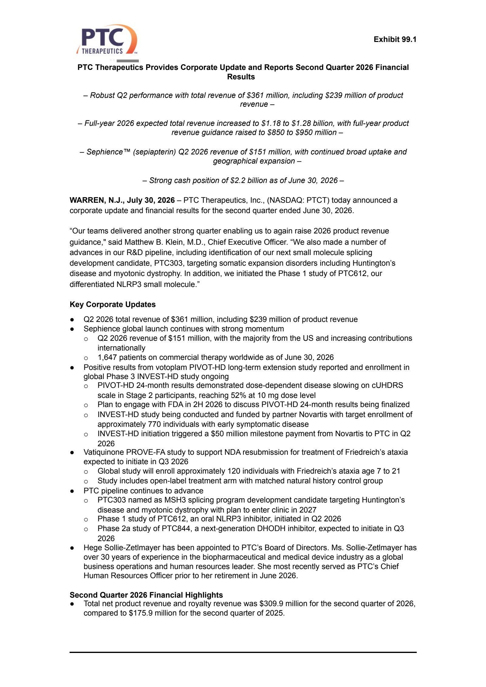 PTC Therapeutics' Q2 2026 Press Release