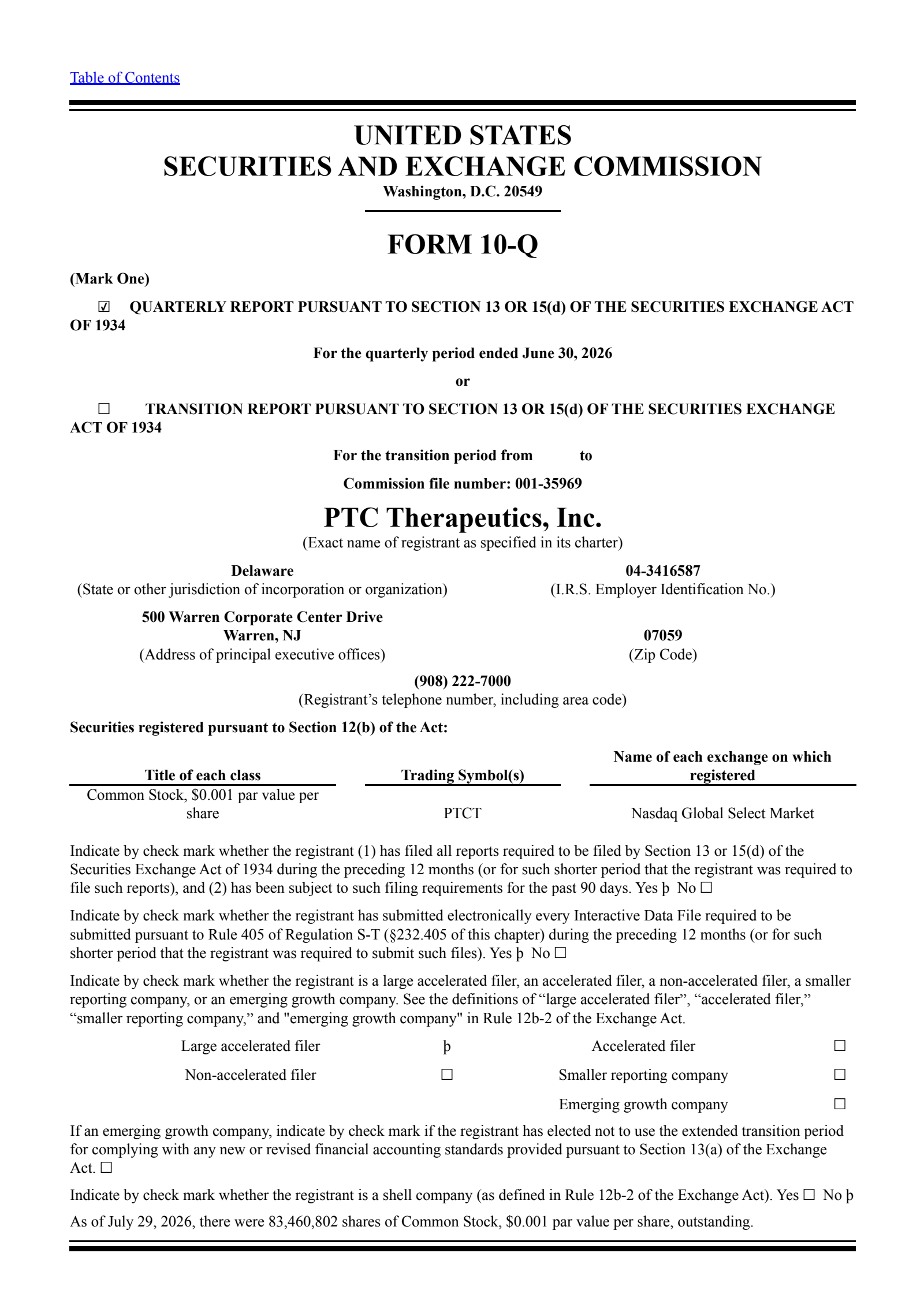 PTC Therapeutics' Q2 2026 Quarterly report