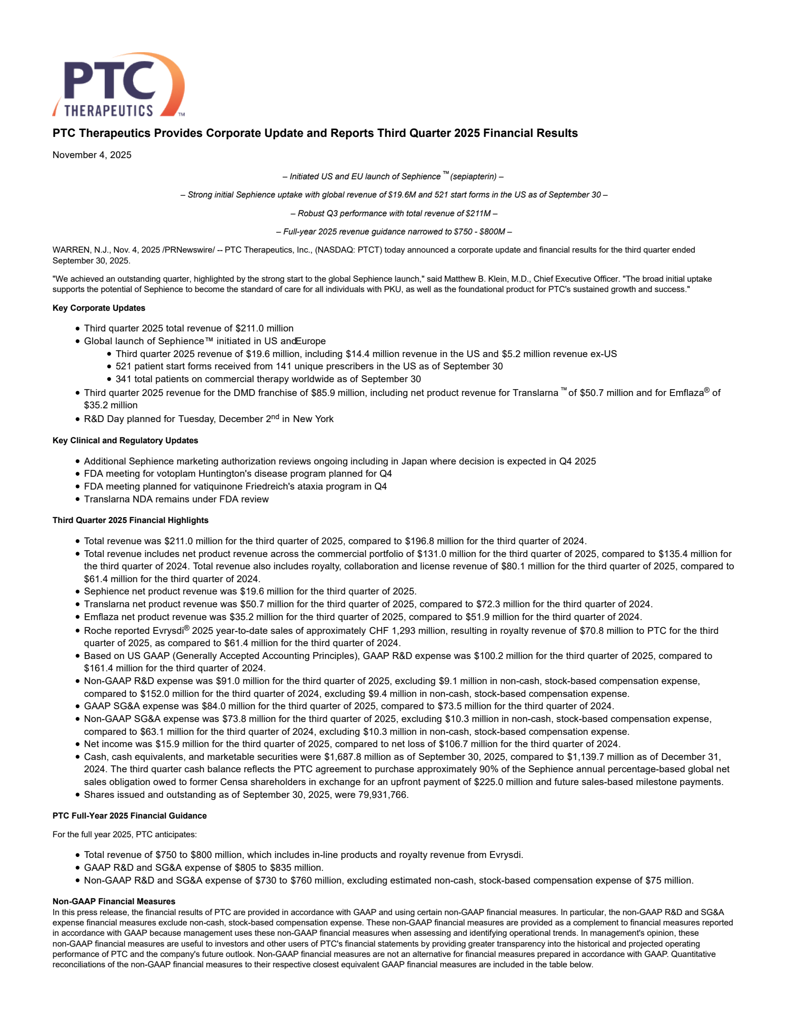 PTC Therapeutics' Q3 2025 Earnings Release