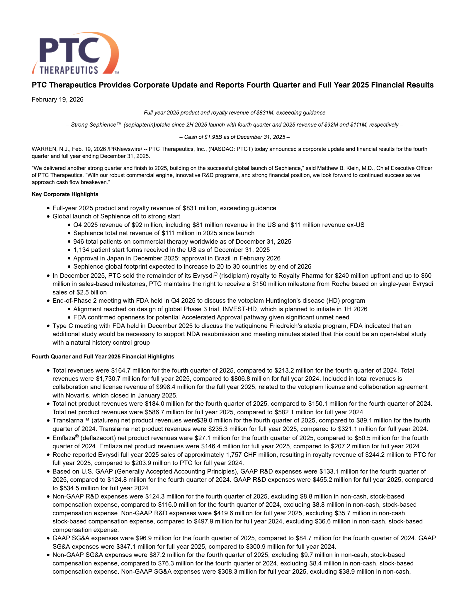 PTC Therapeutics' Q4 2025 Press Release