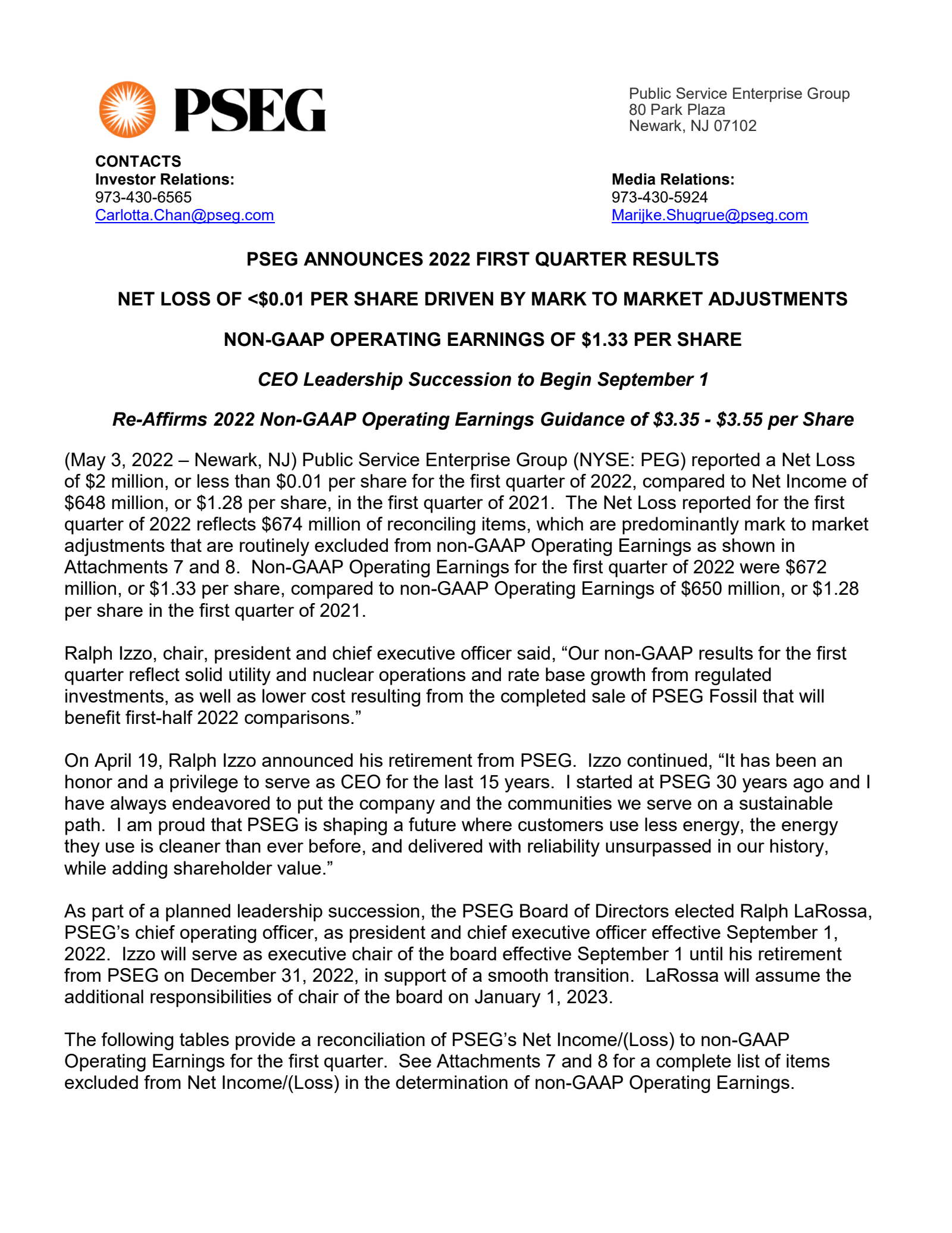 Public Service Enterprise Group's Q1 2022 Press Release