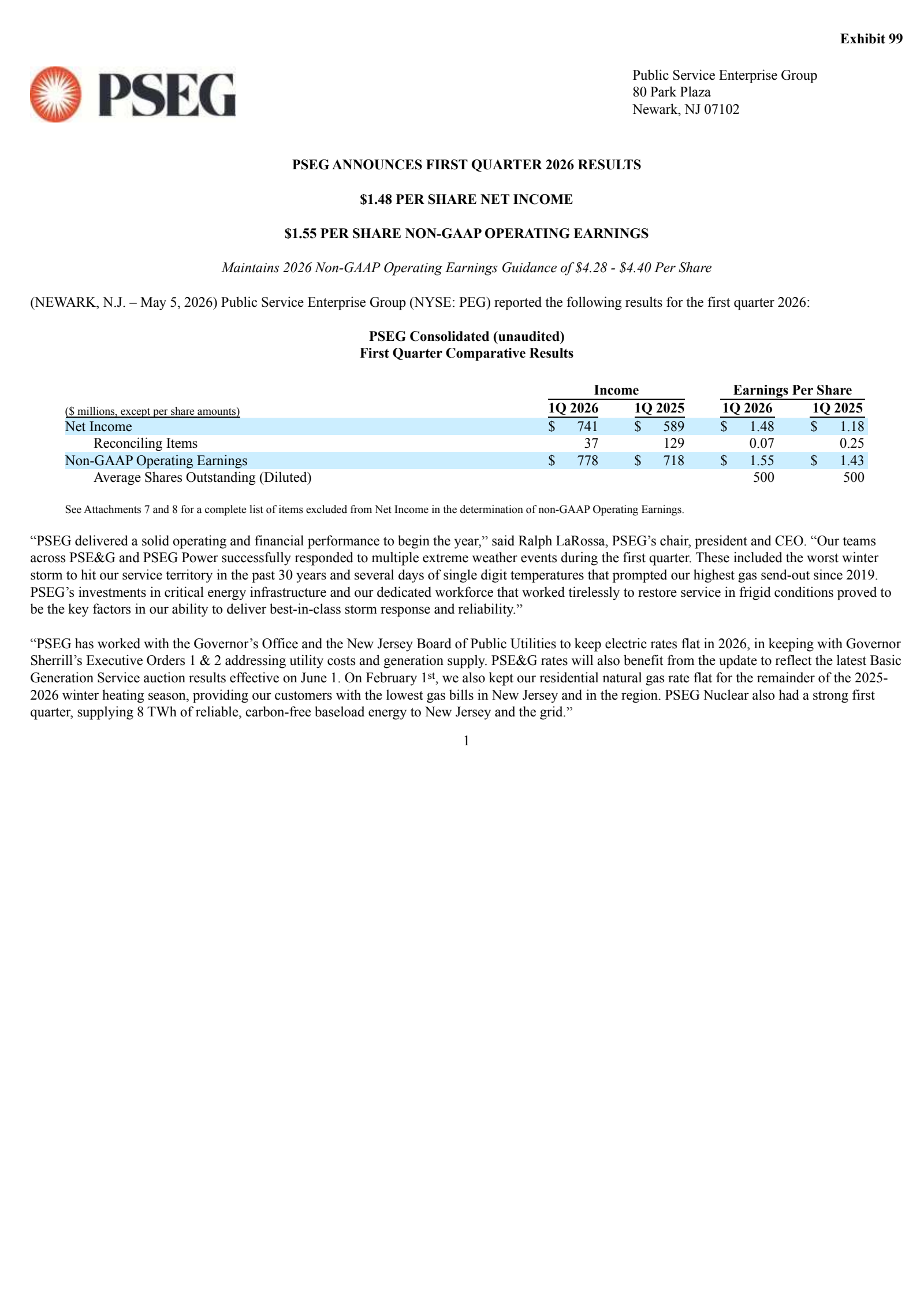 Public Service Enterprise Group's Q1 2026 Press Release