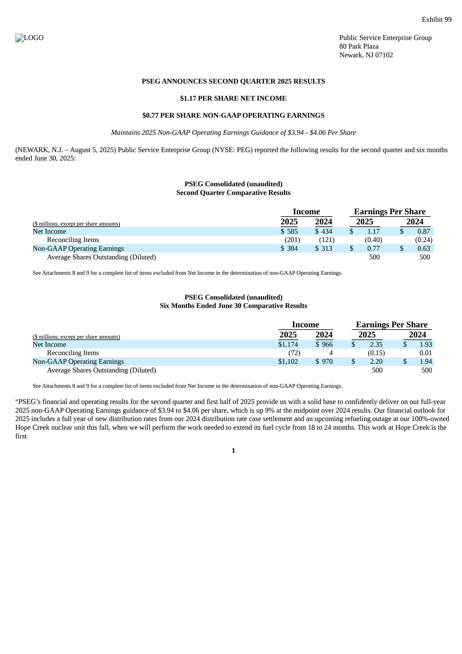 Public Service Enterprise Group's Q2 2025 Press Release