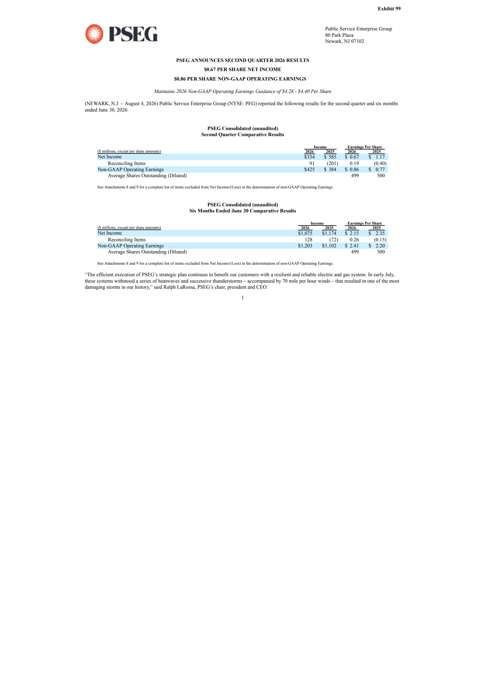 Public Service Enterprise Group's Q2 2026 Press Release