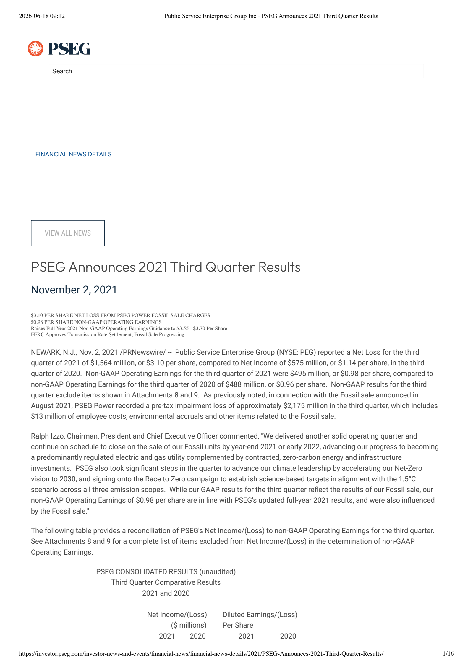 Public Service Enterprise Group's Q3 2021 Press Release
