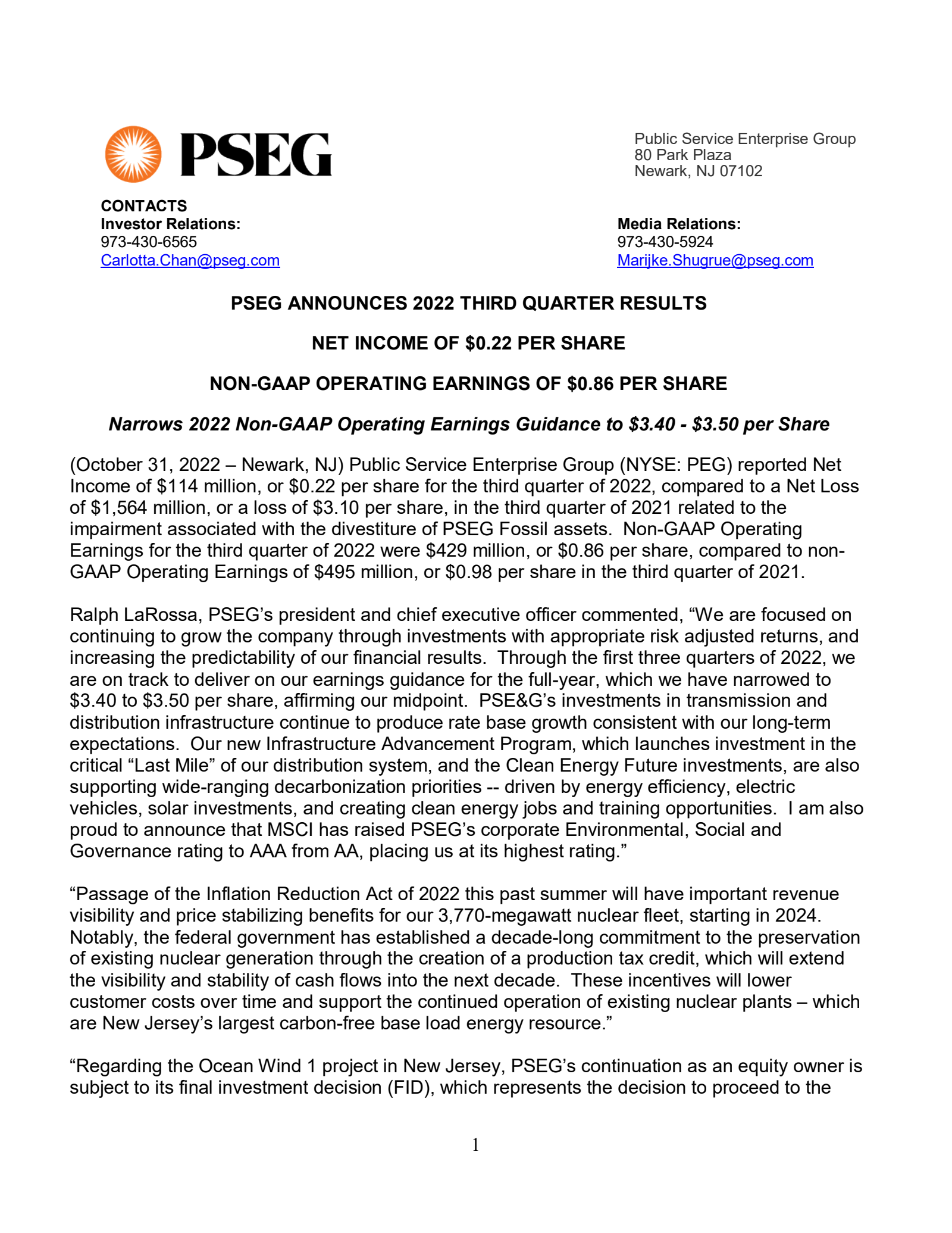 Public Service Enterprise Group's Q3 2022 Press Release