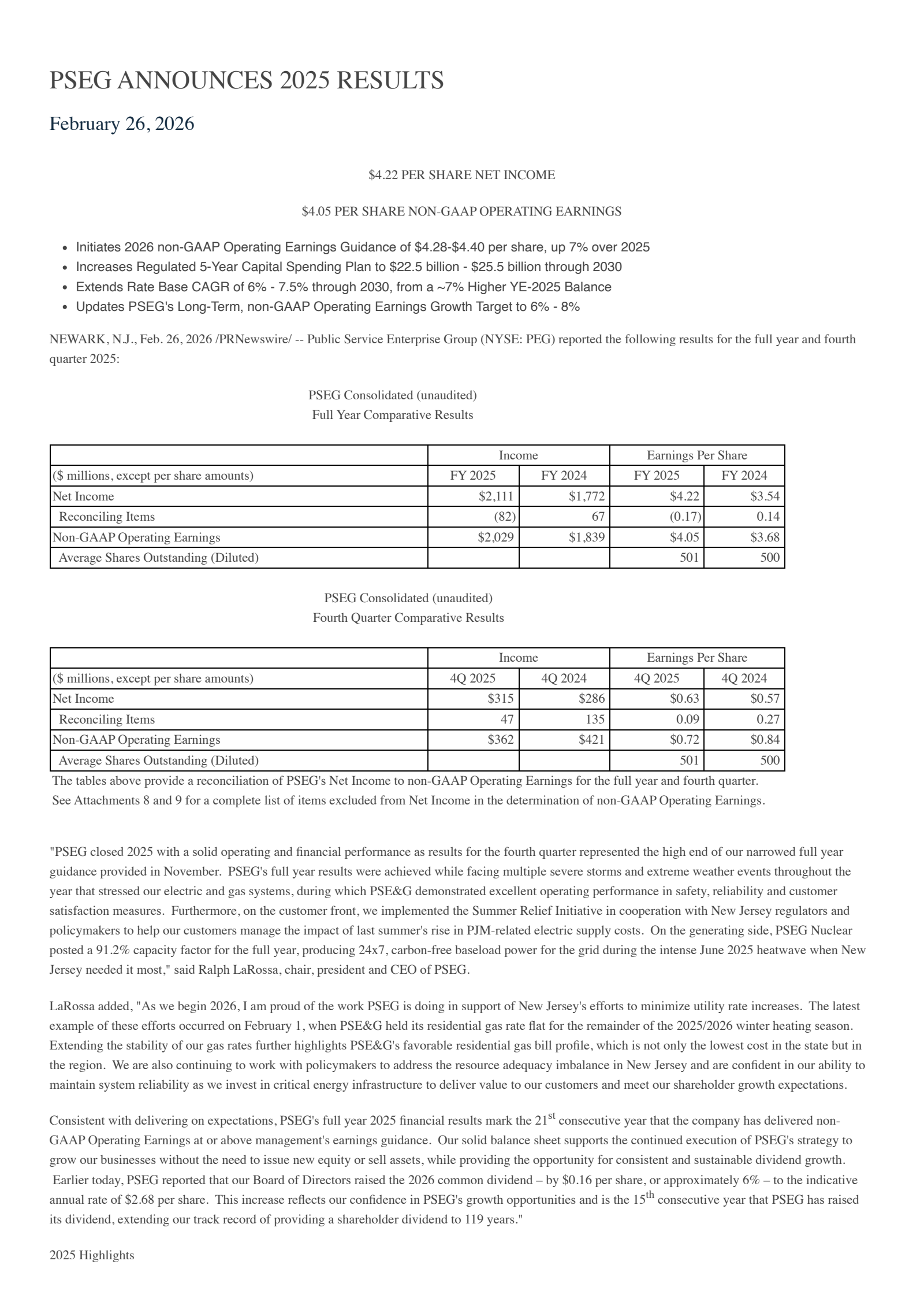 Public Service Enterprise Group's Q4 2025 Press Release