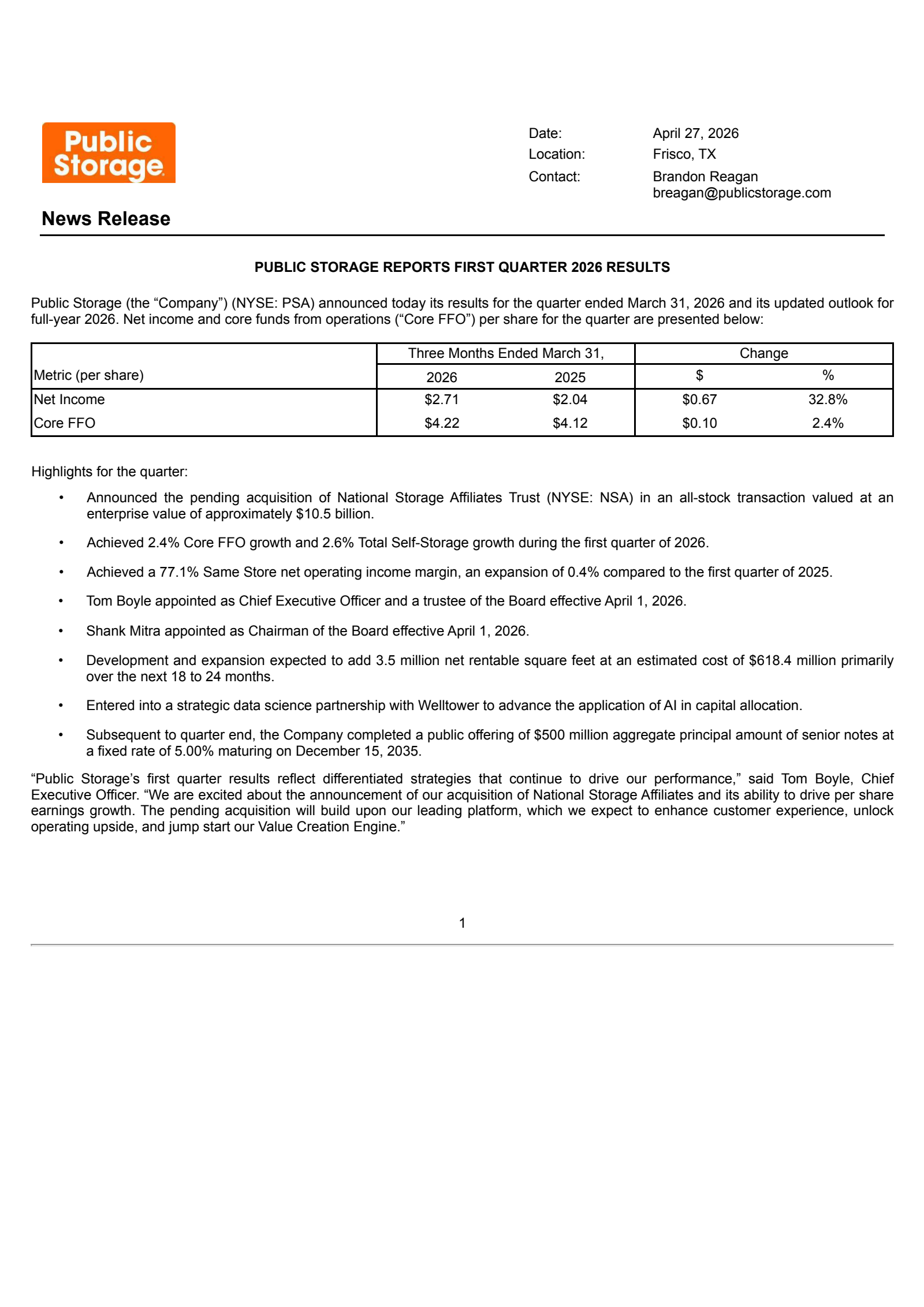 Public Storage's Q1 2026 Press Release