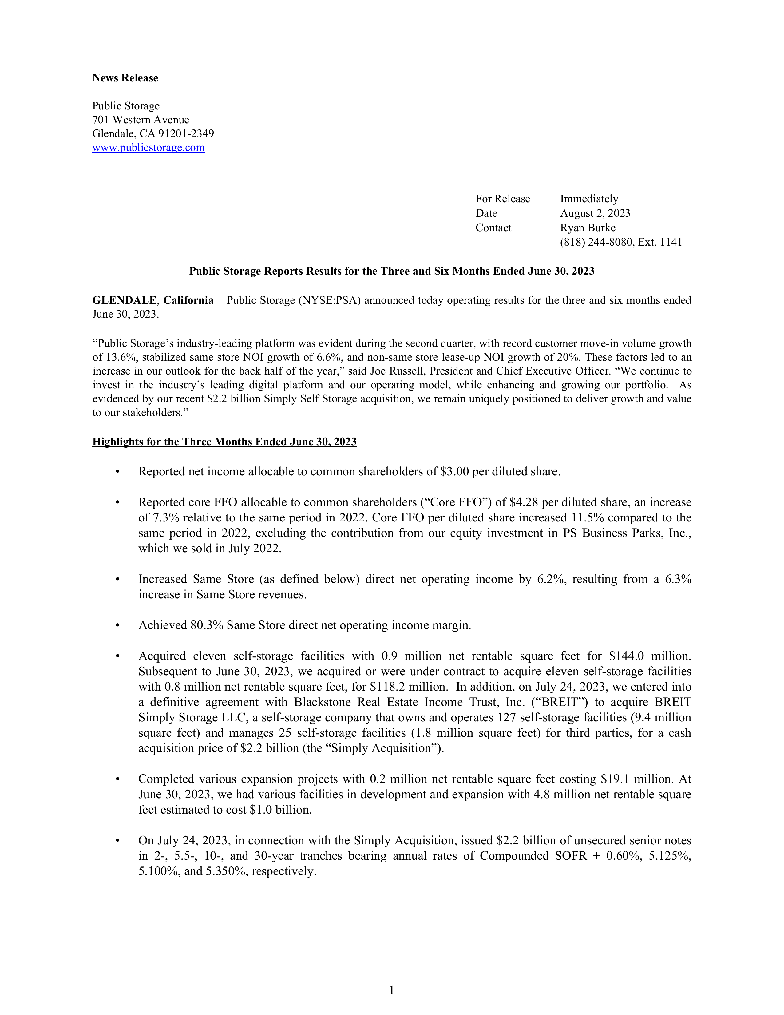 Public Storage's Q2 2023 Press Release