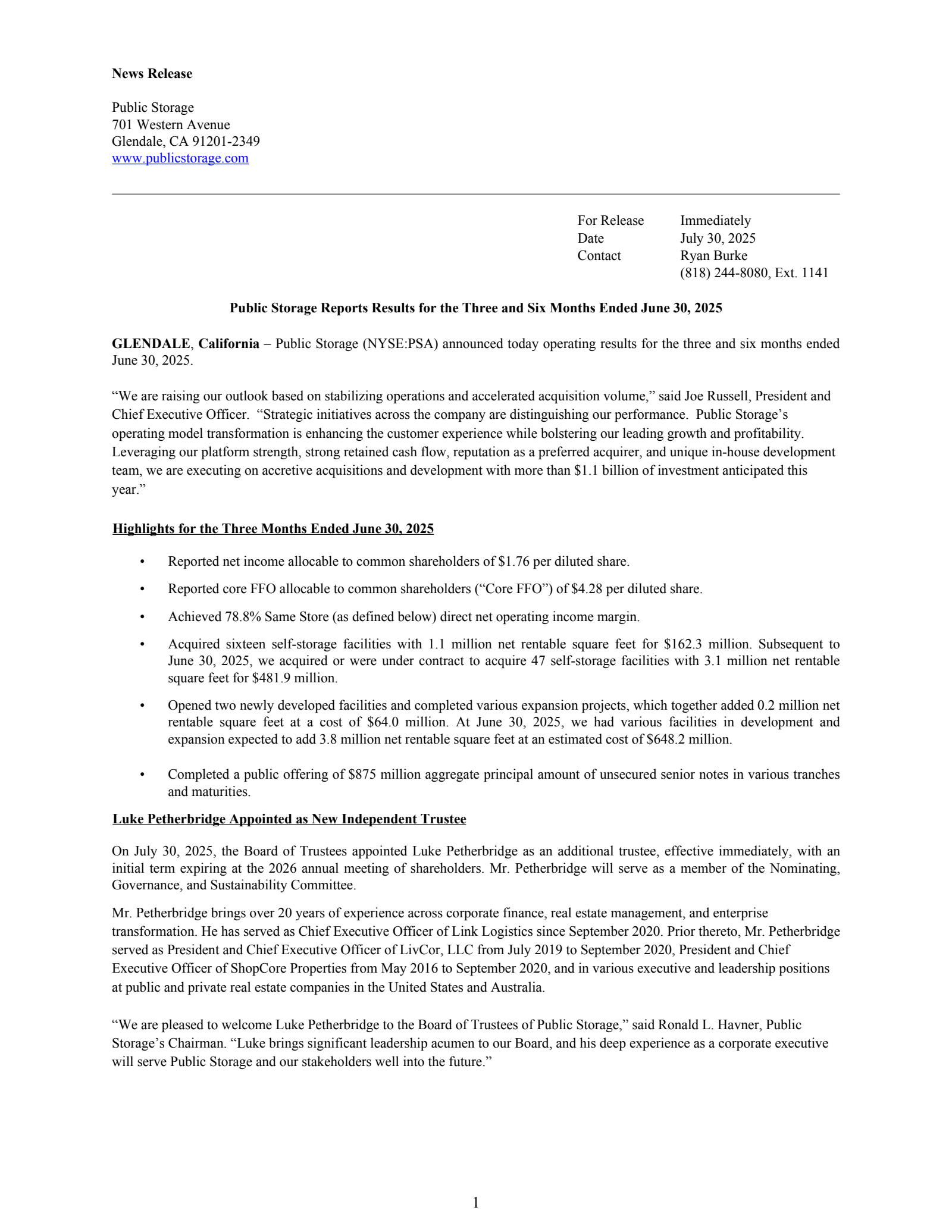Public Storage's Q2 2025 Press Release