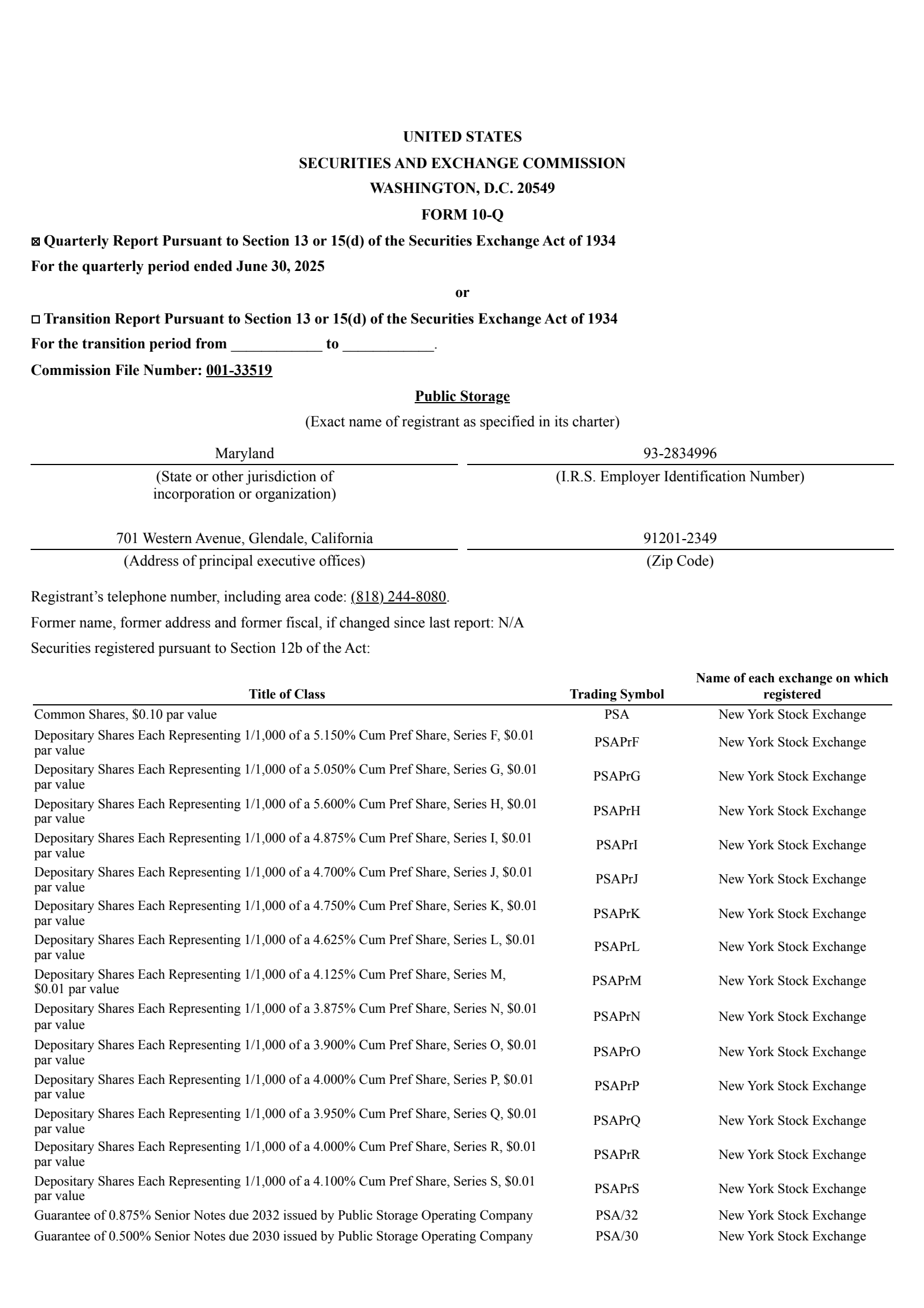 Public Storage's Q2 2025 Quarterly report