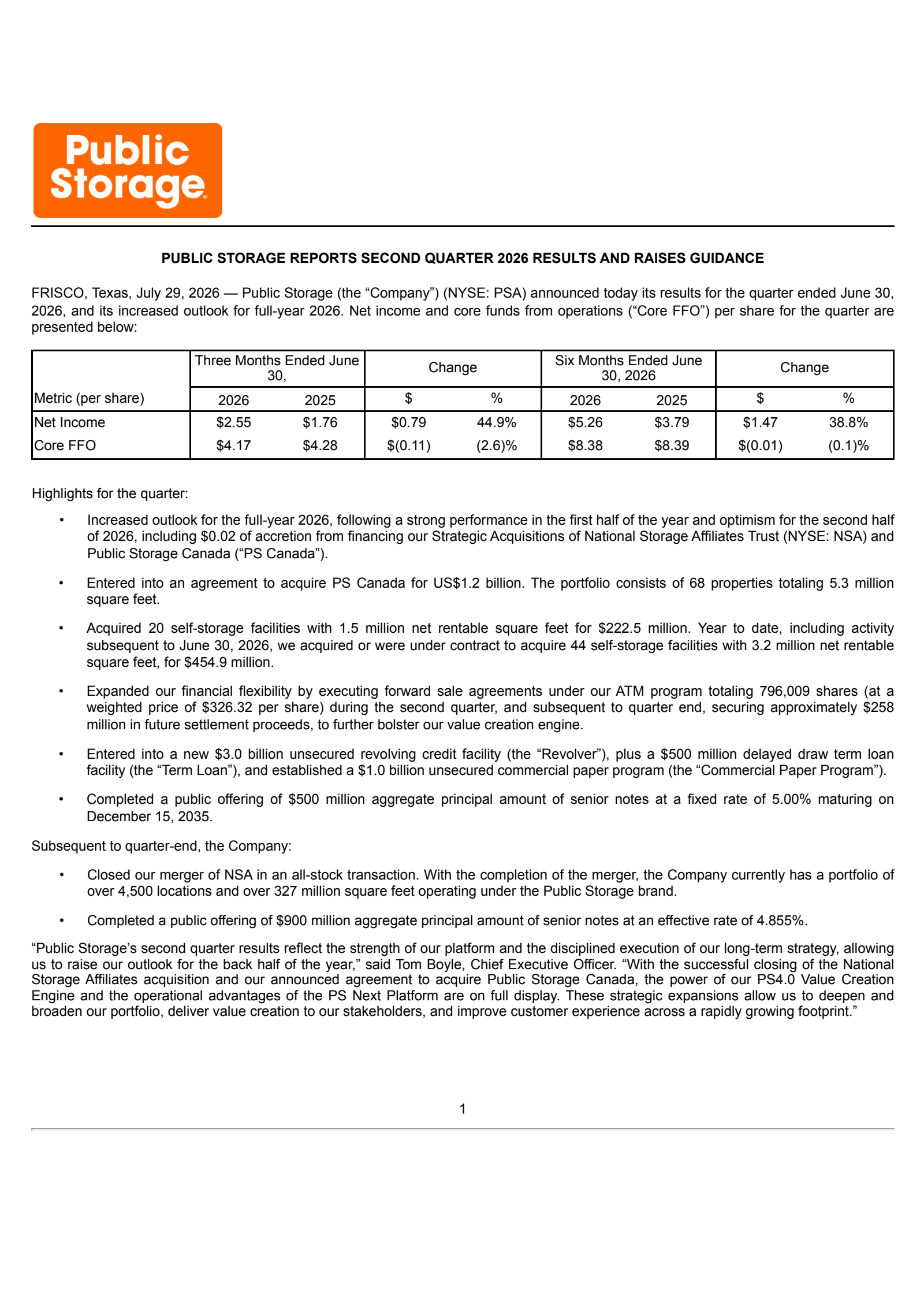 Public Storage's Q2 2026 Press Release