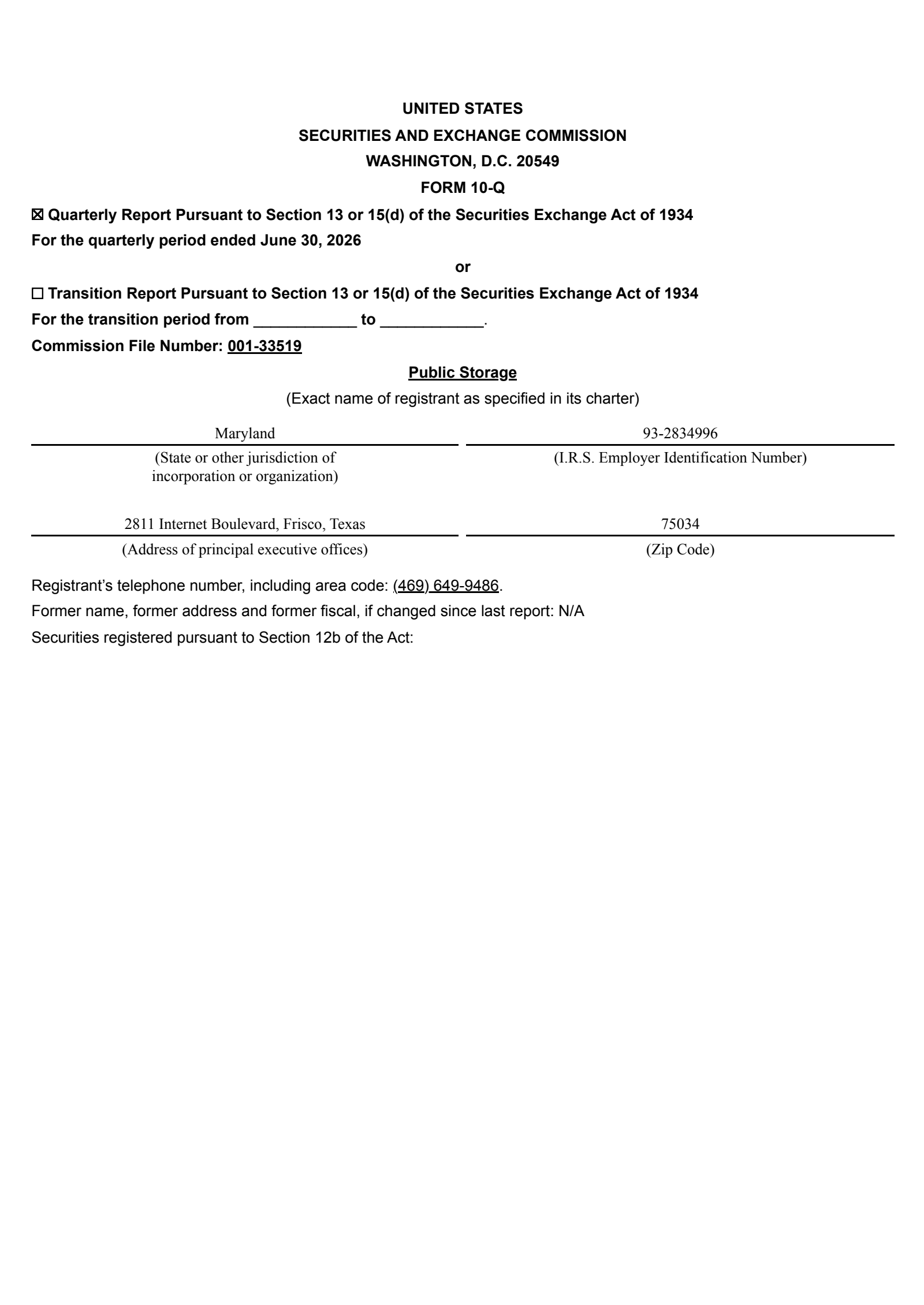 Public Storage's Q2 2026 Quarterly report