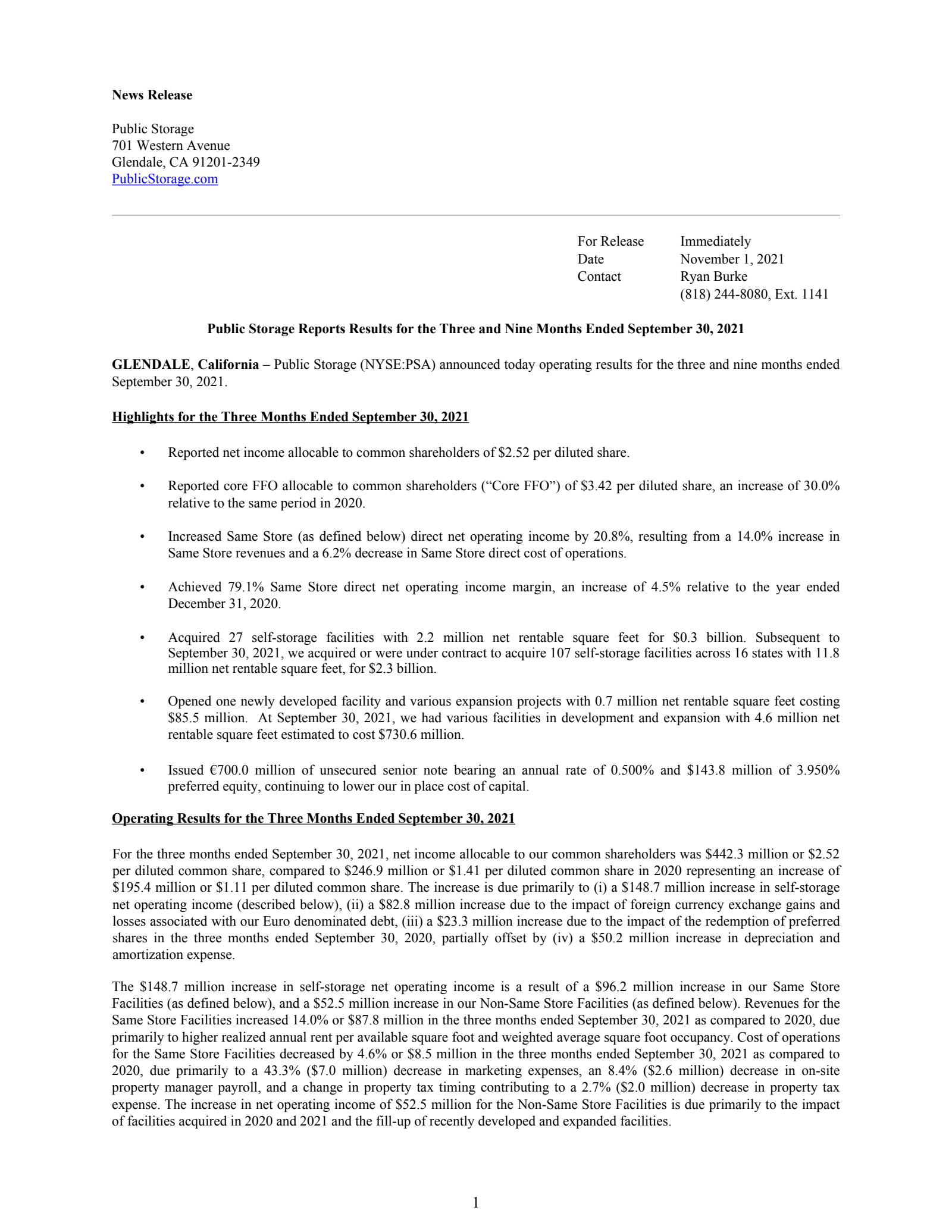 Public Storage's Q3 2021 Earnings Release