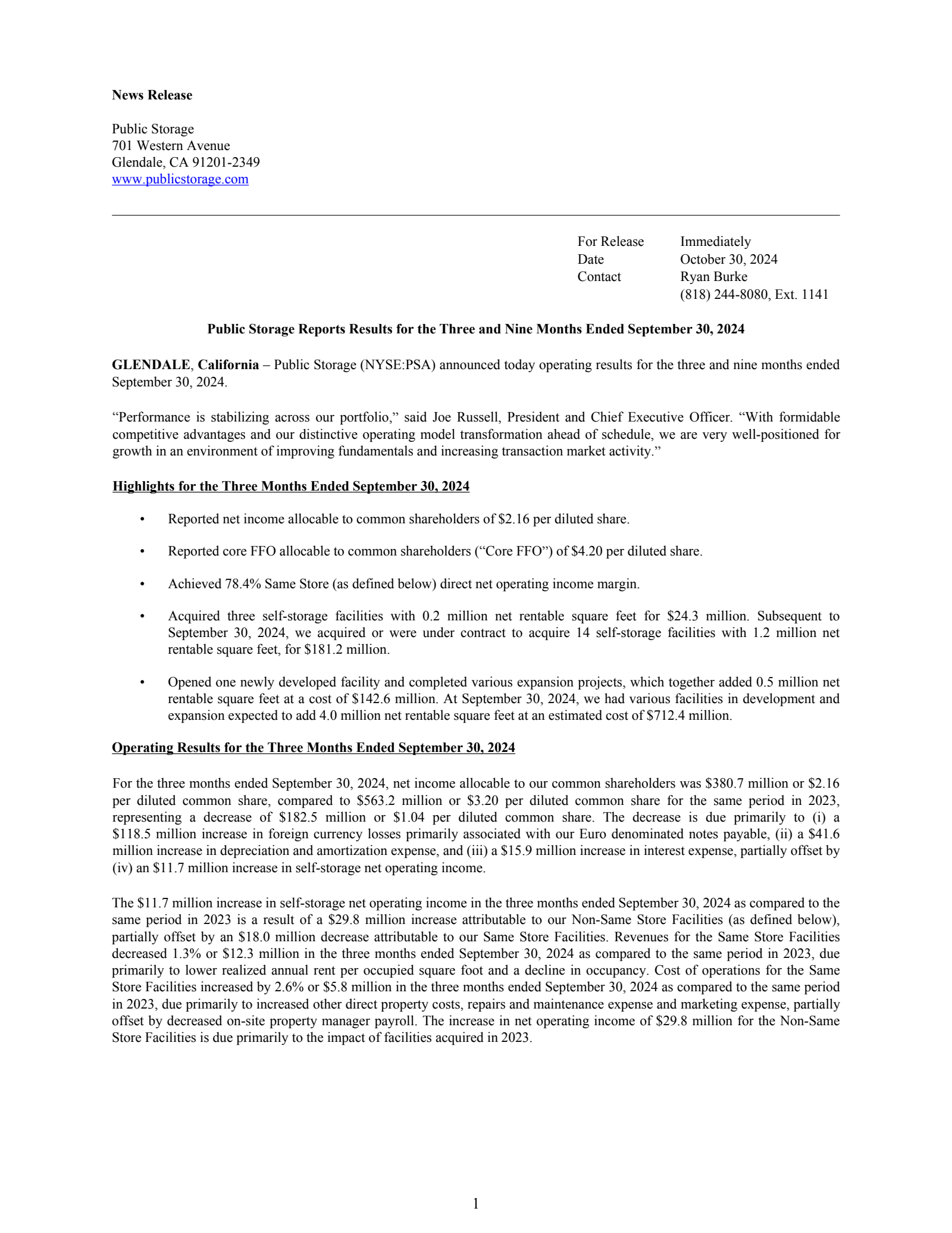 Public Storage's Q3 2024 Earnings Release
