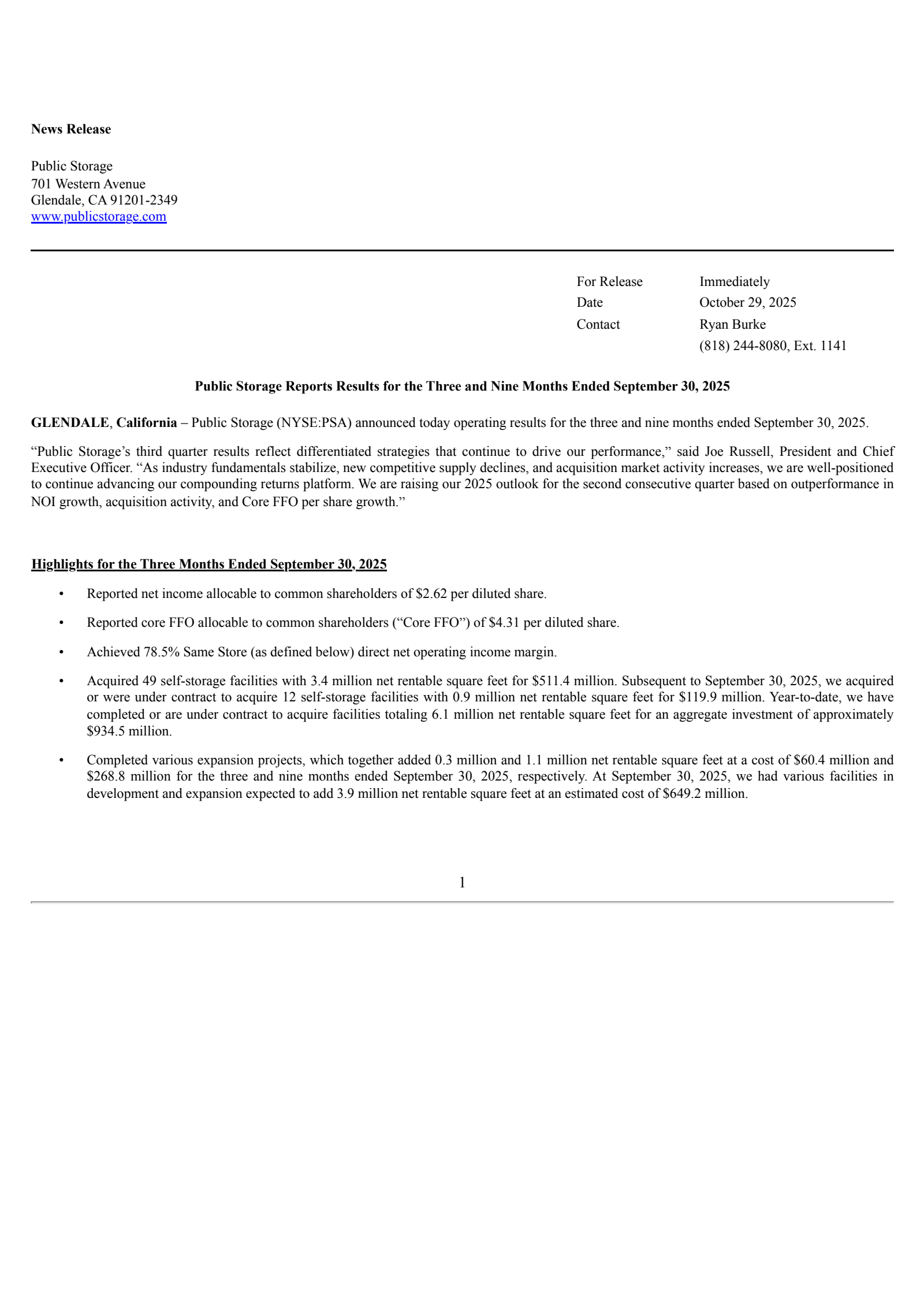 Public Storage's Q3 2025 Earnings Release