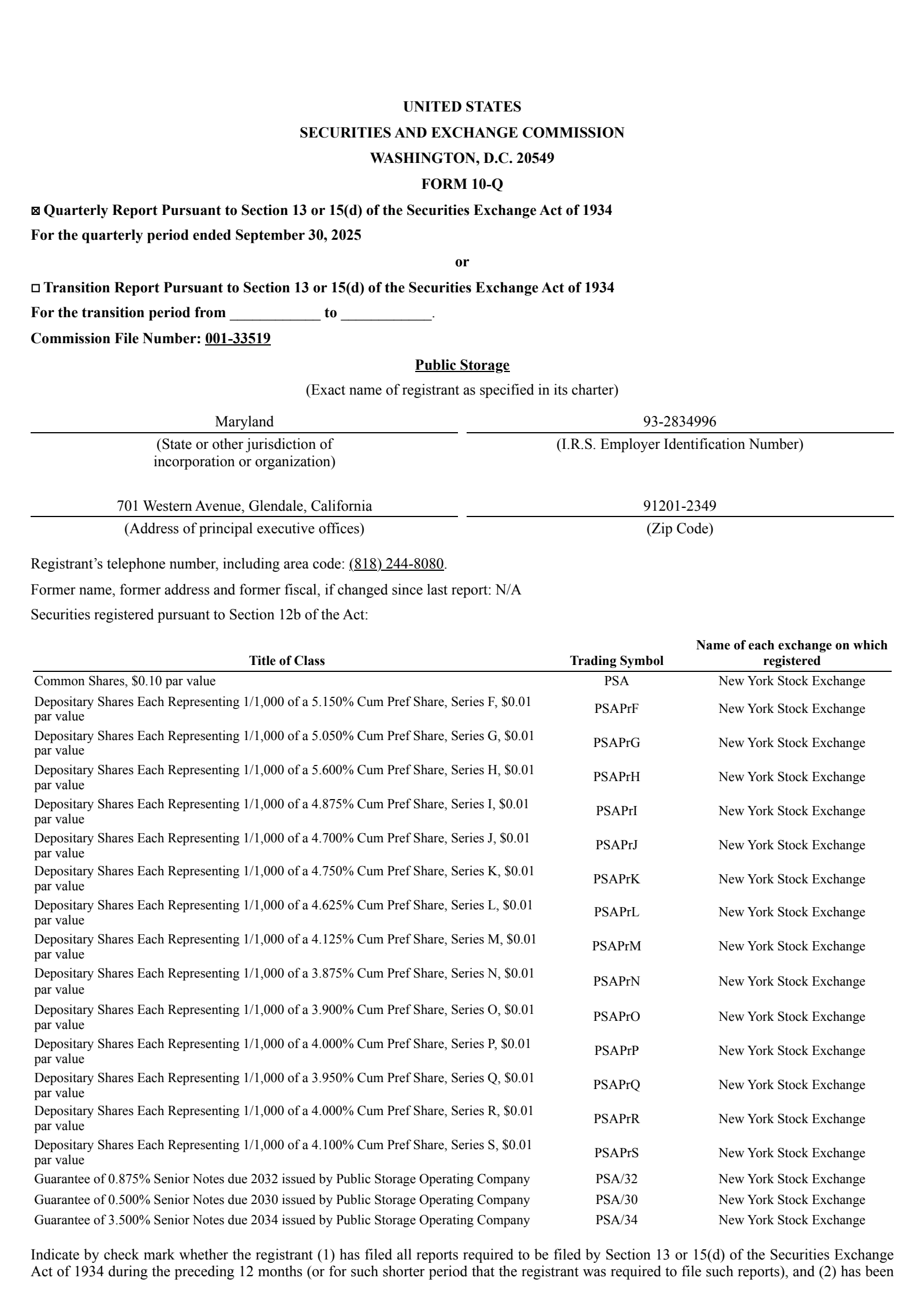 Public Storage's Q3 2025 Quarterly Report