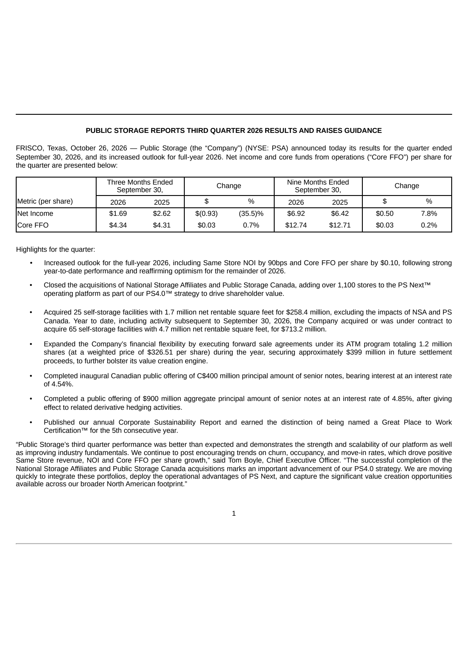 Public Storage (PSA) Q3 2026 Earnings Results & Report