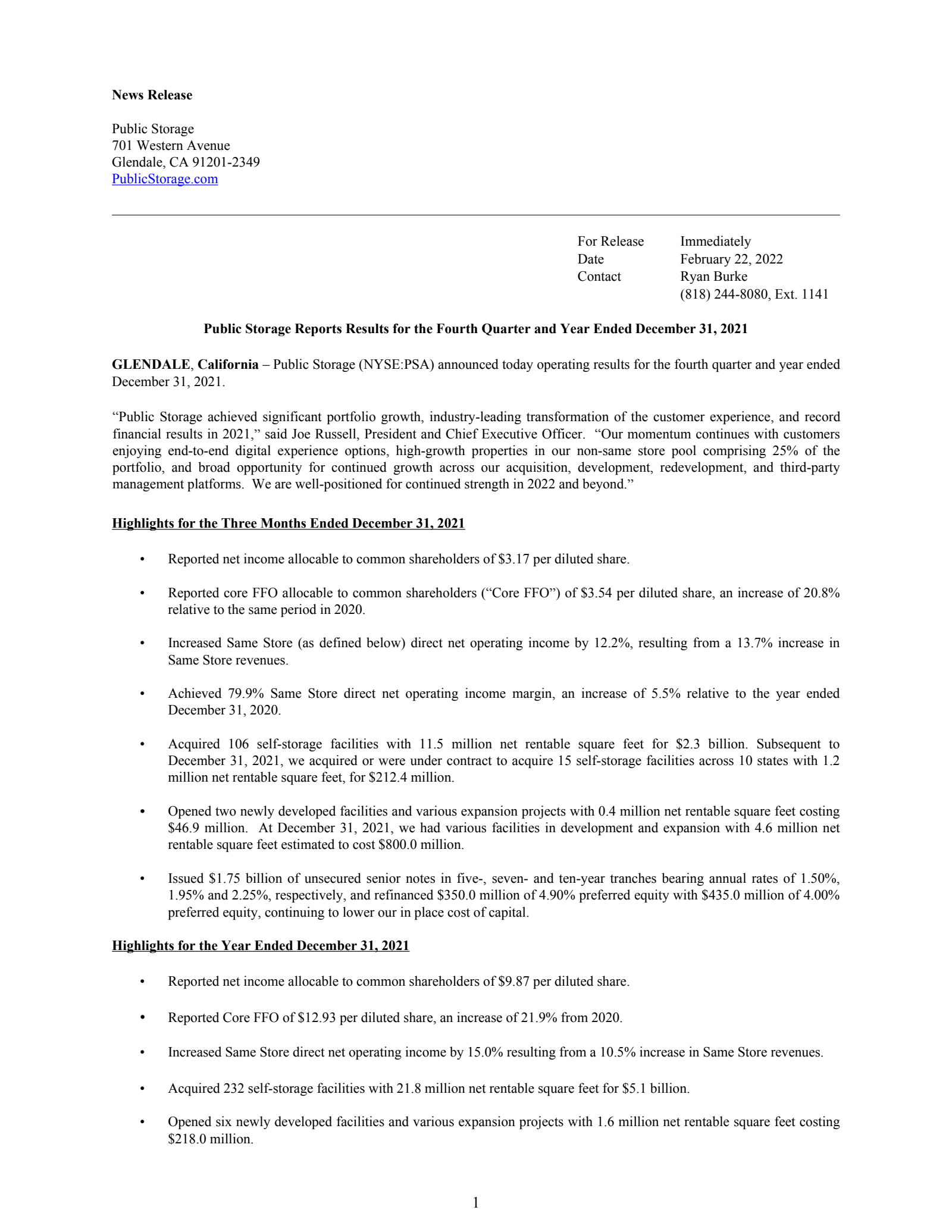 Public Storage's Q4 2021 Earnings Release