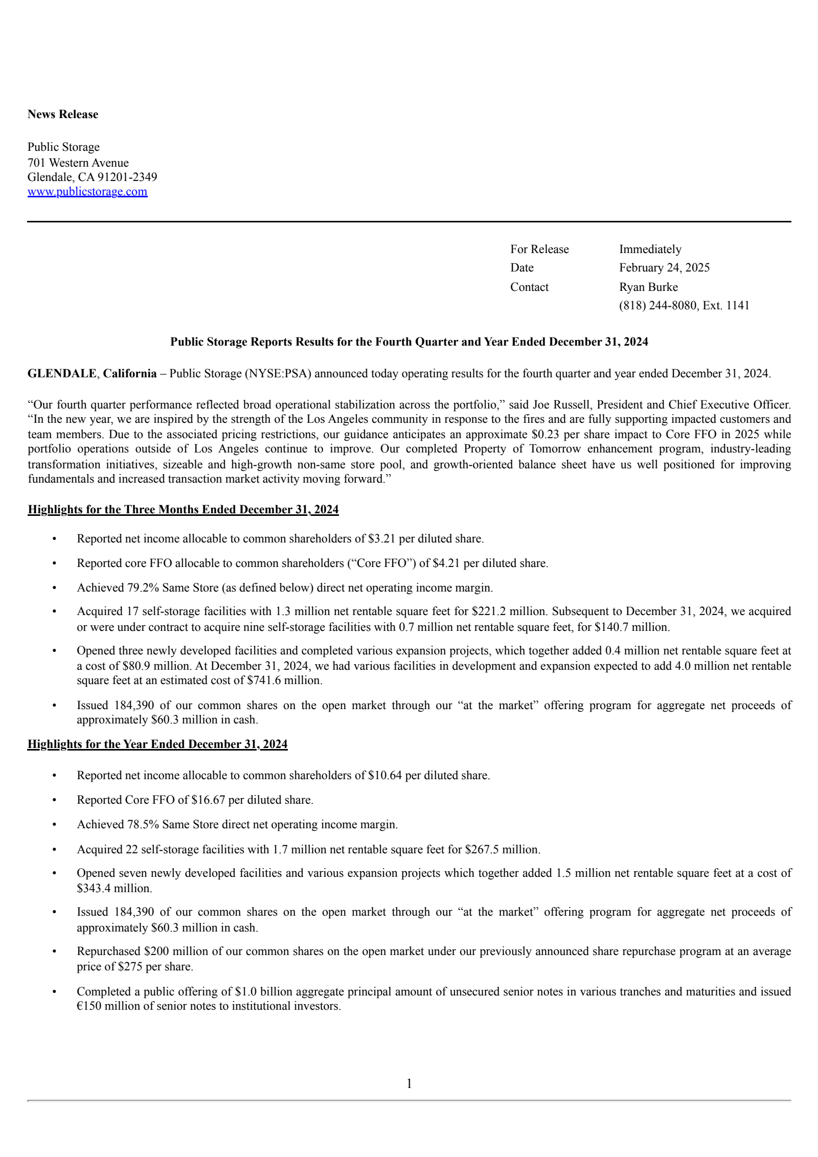 Public Storage's Q4 2024 Press Release