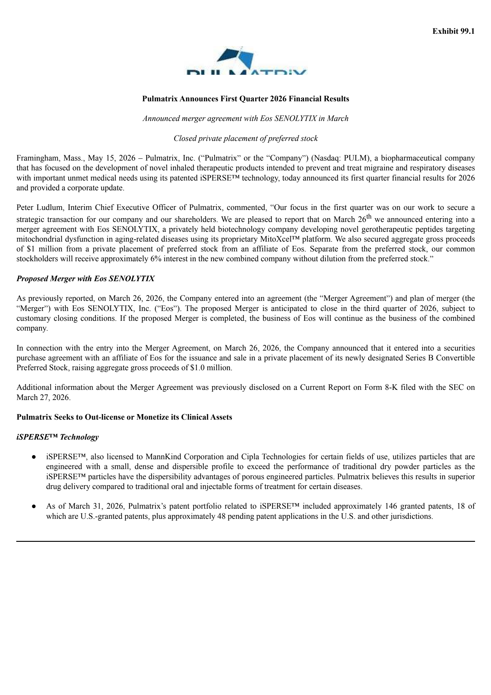 Pulmatrix's Q1 2026 Press Release