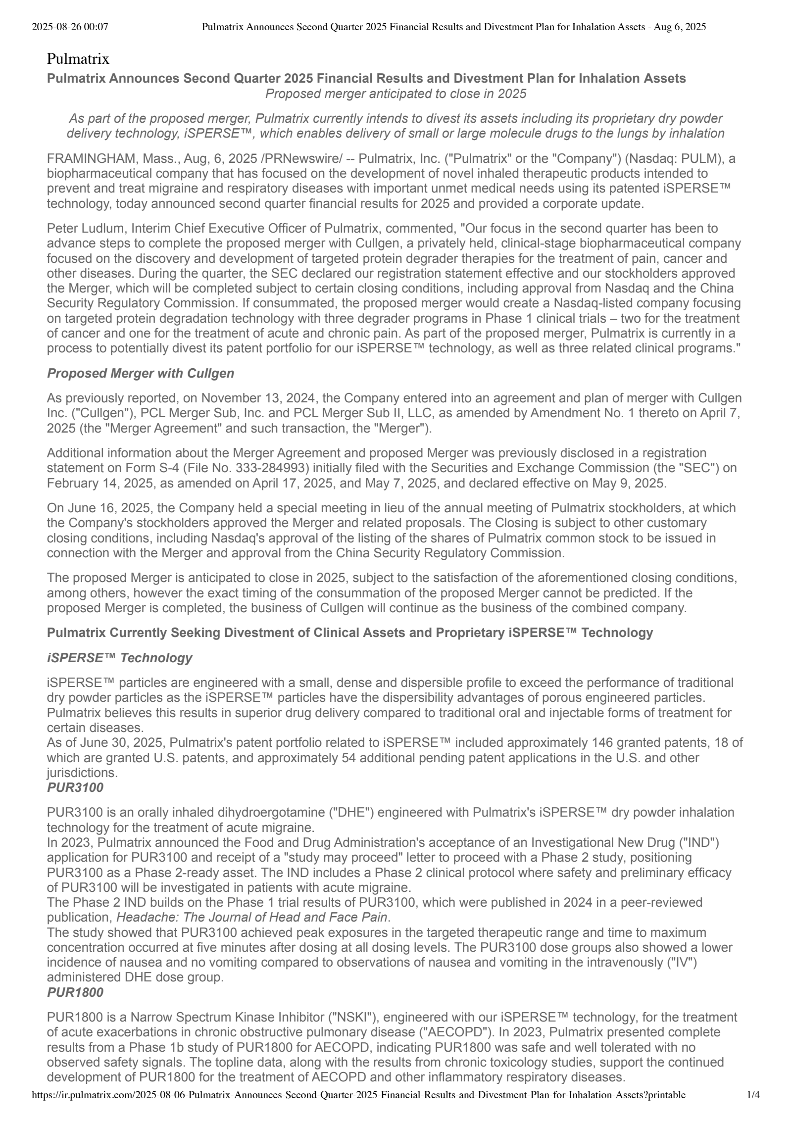 Pulmatrix's Q2 2025 Press Release