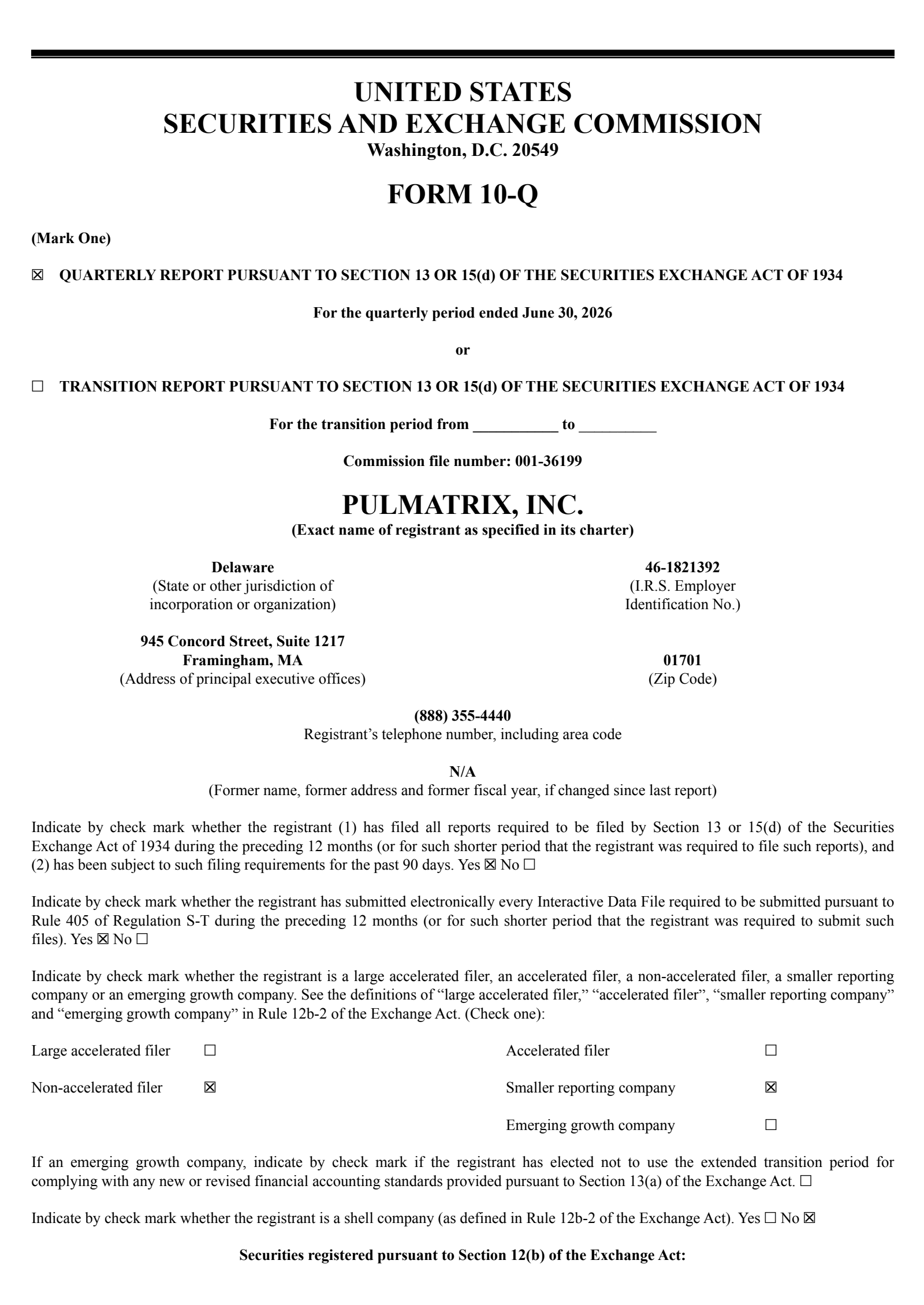 Pulmatrix's Q2 2026 Quarterly report