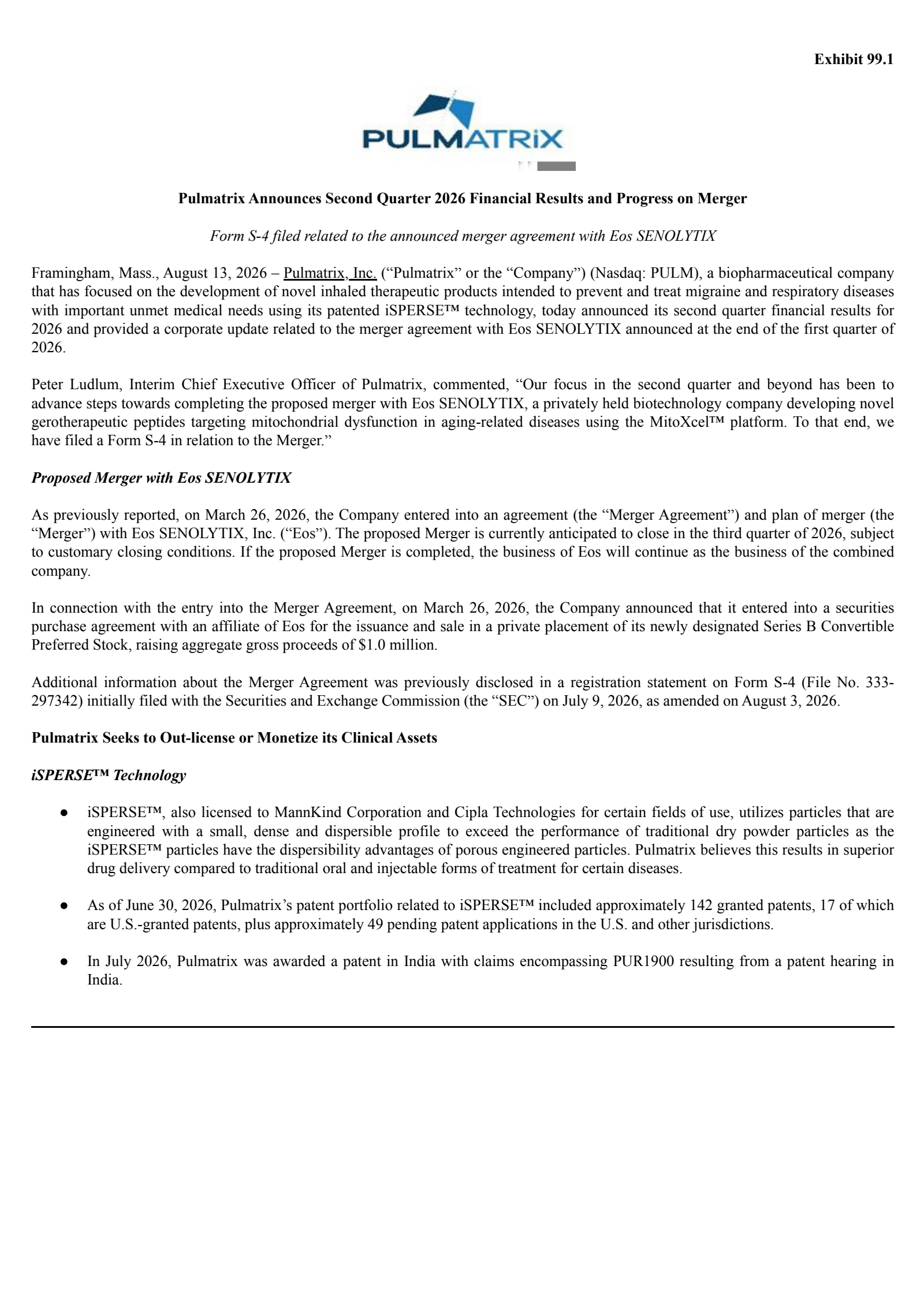 Pulmatrix's Q2 2026 Press Release