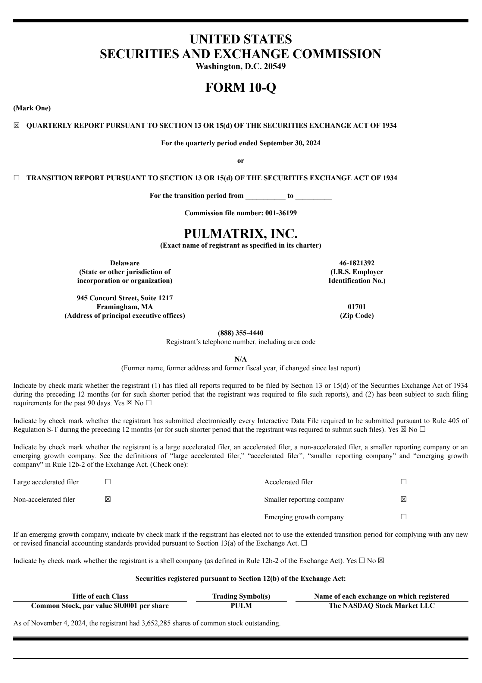 Pulmatrix's Q3 2024 Quarterly Report