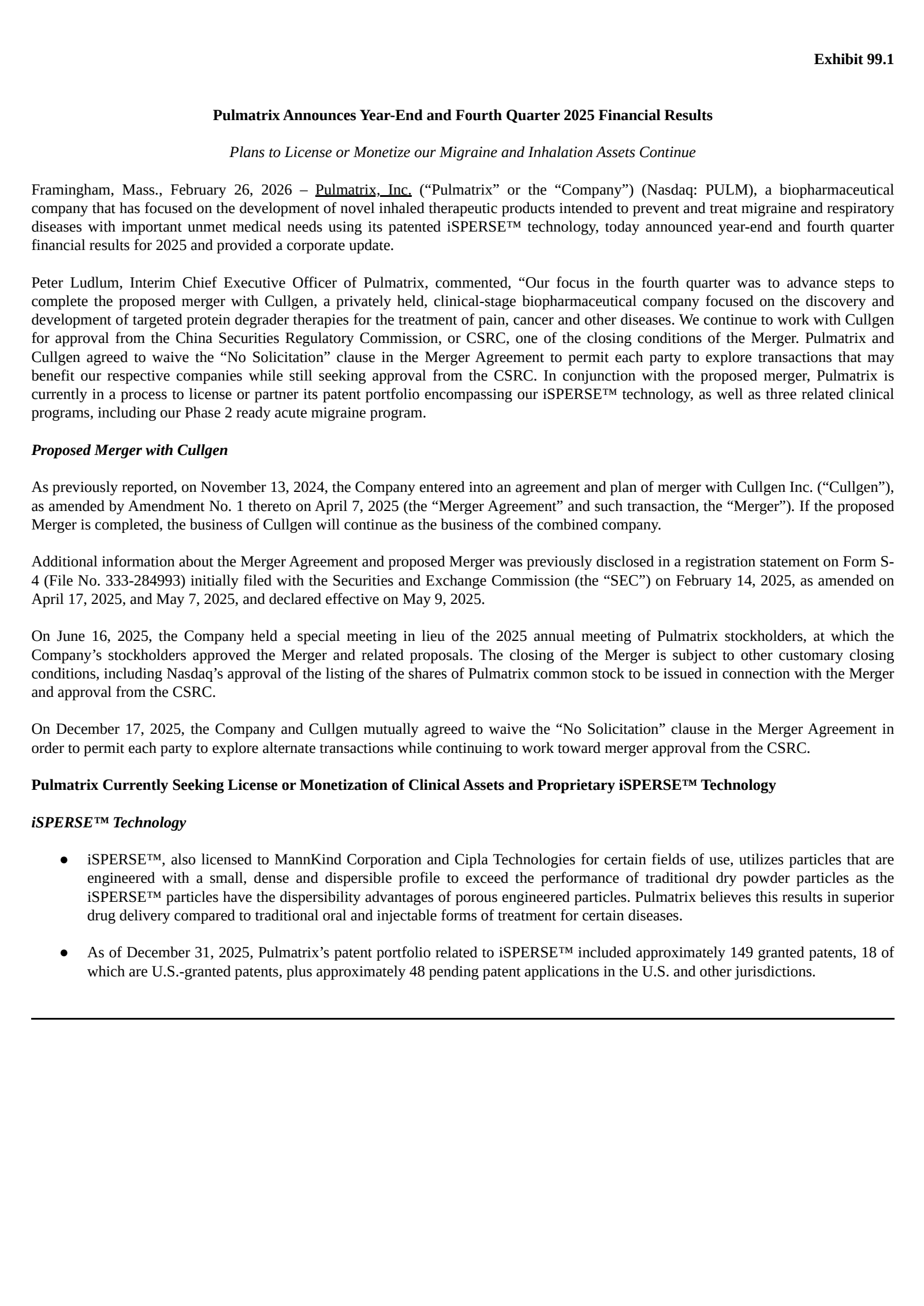 Pulmatrix's Q4 2025 Press Release