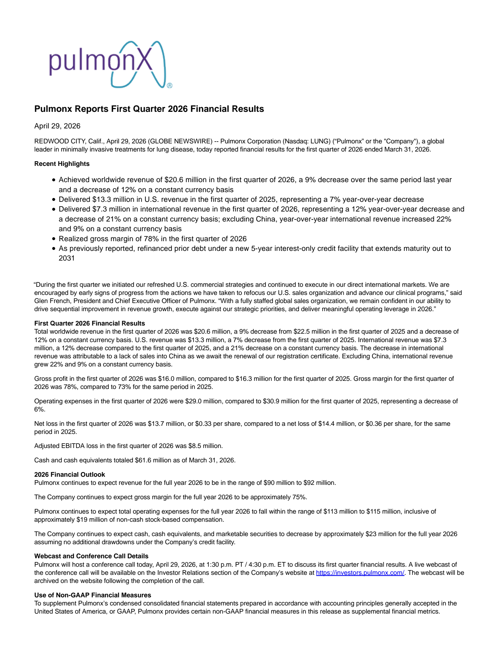 Pulmonx's Q1 2026 Press Release