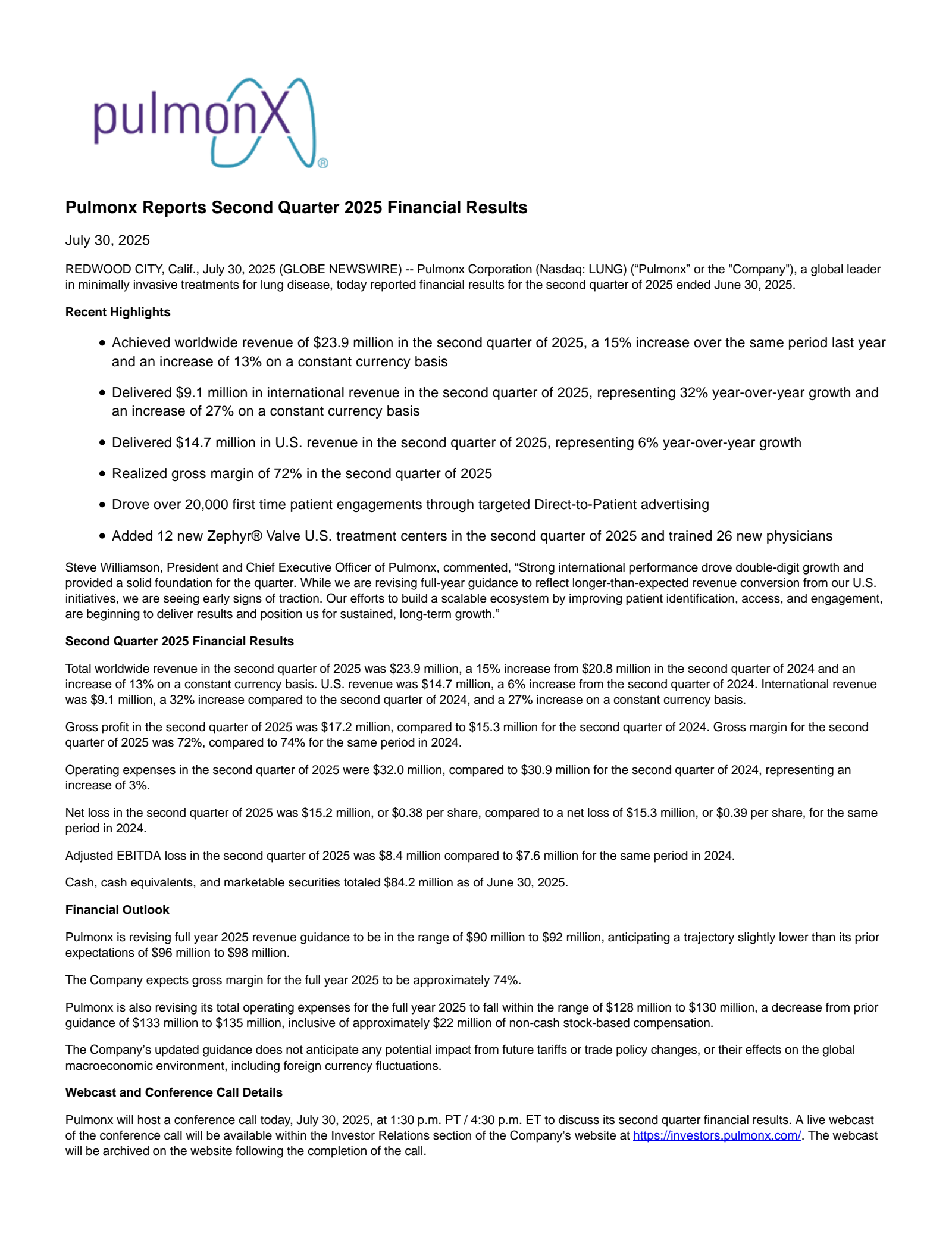 Pulmonx's Q2 2025 Press Release