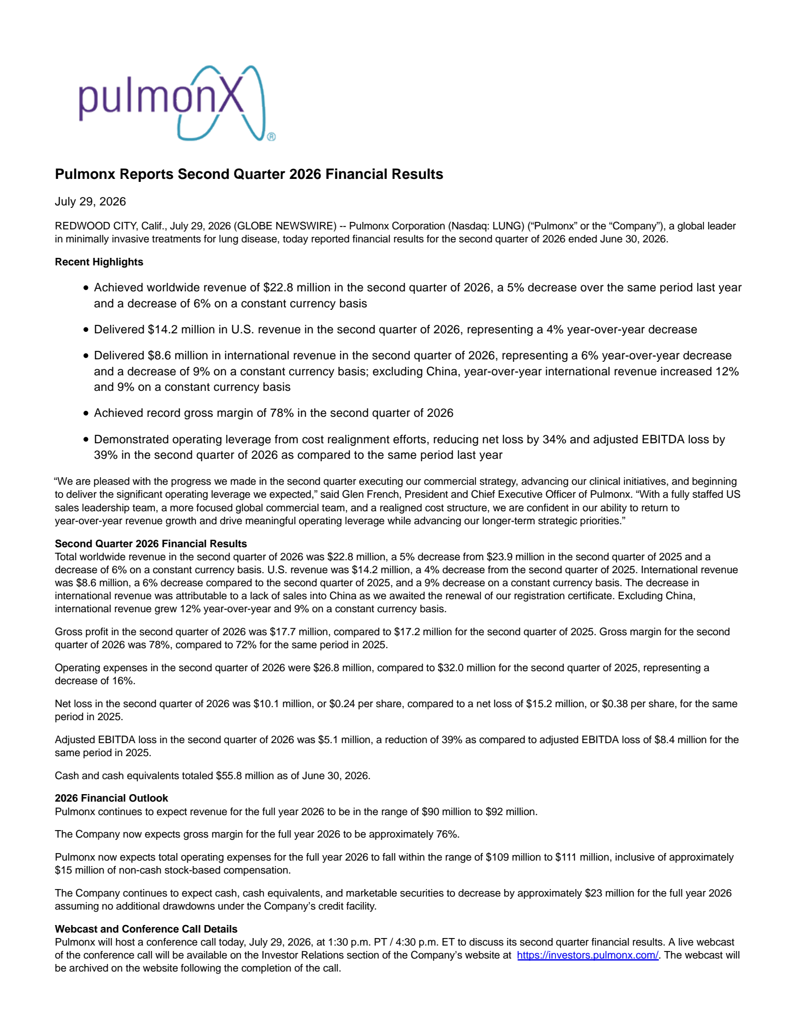 Pulmonx's Q2 2026 Press Release
