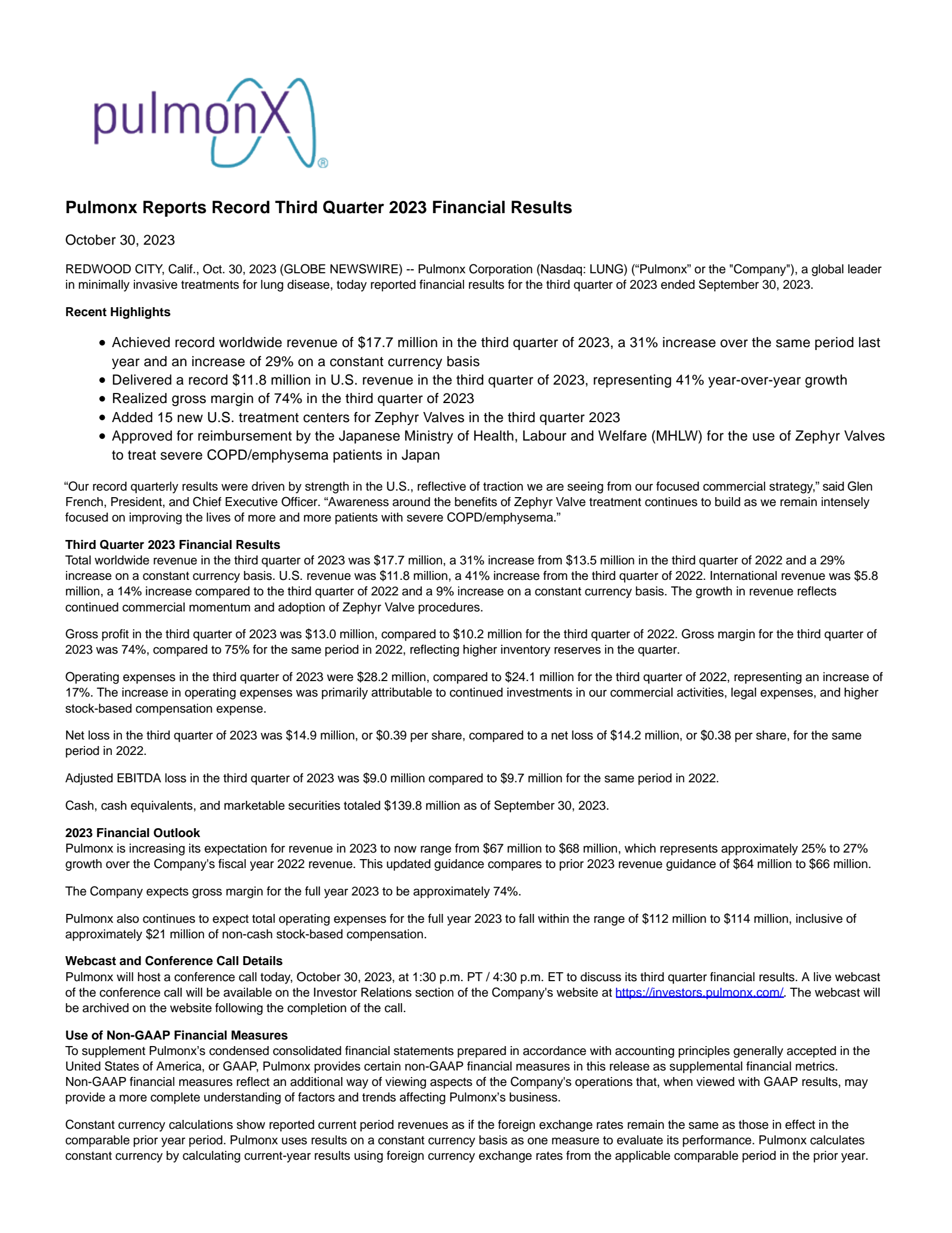 Pulmonx's Q3 2023 Press Release