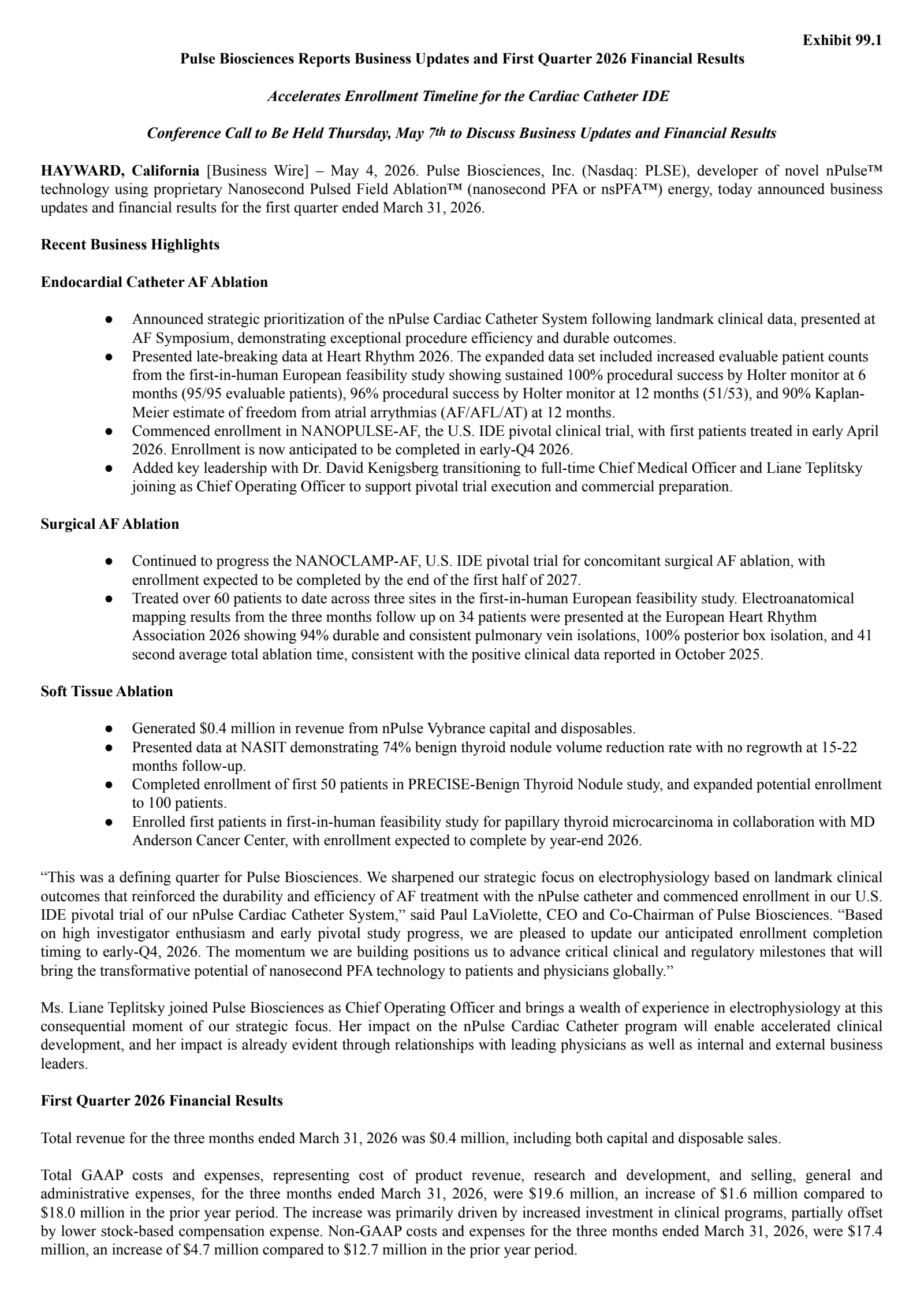 Pulse Biosciences' Q1 2026 Press Release