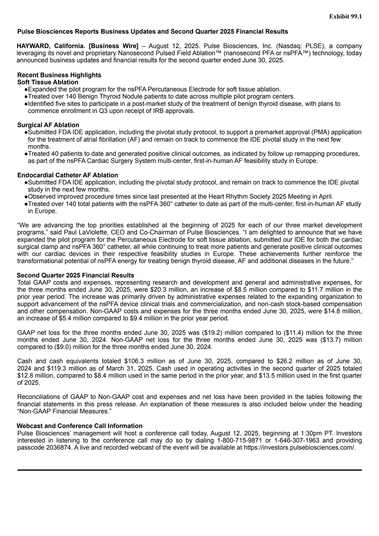 Pulse Biosciences' Q2 2025 Press Release
