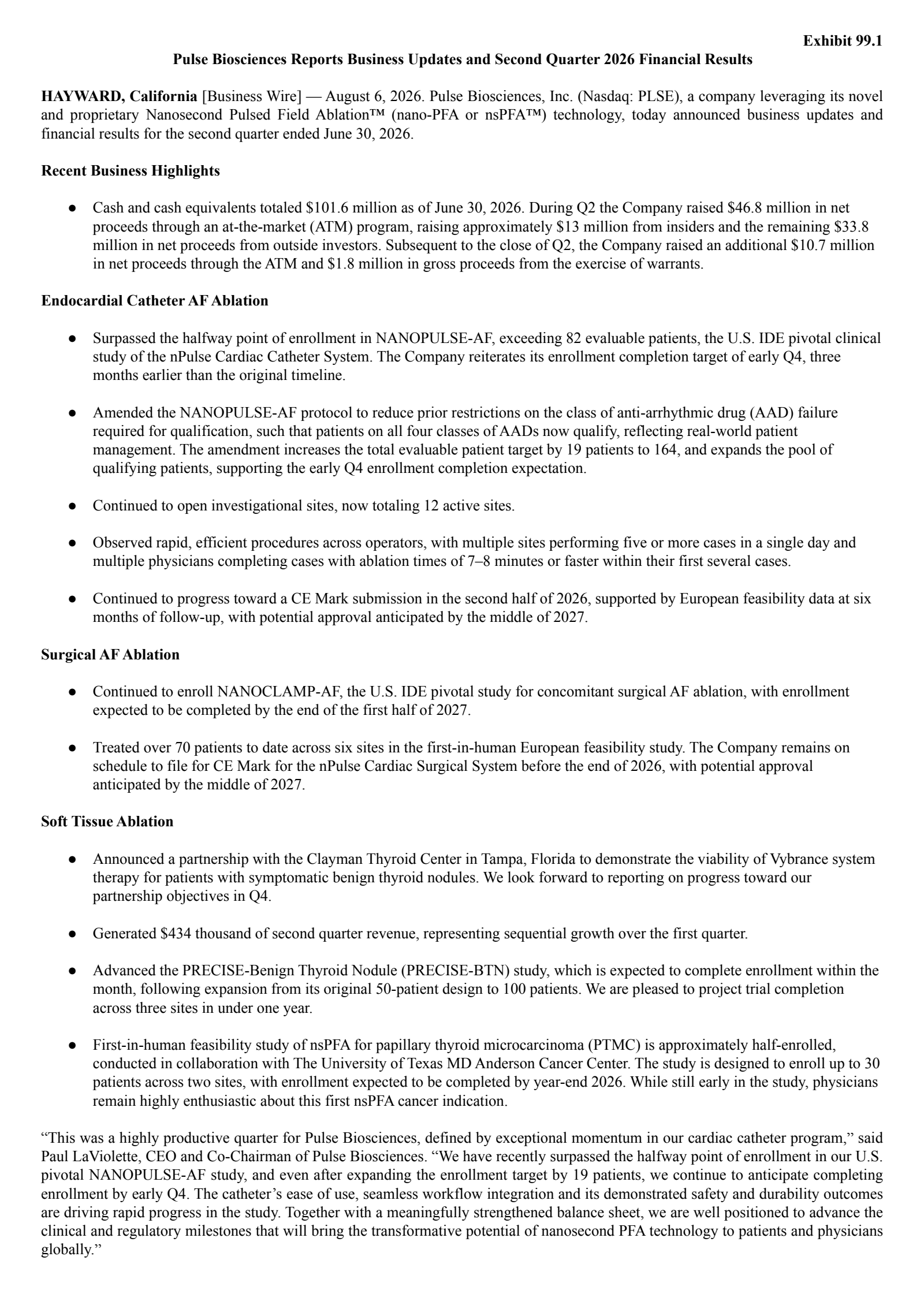 Pulse Biosciences' Q2 2026 Press Release