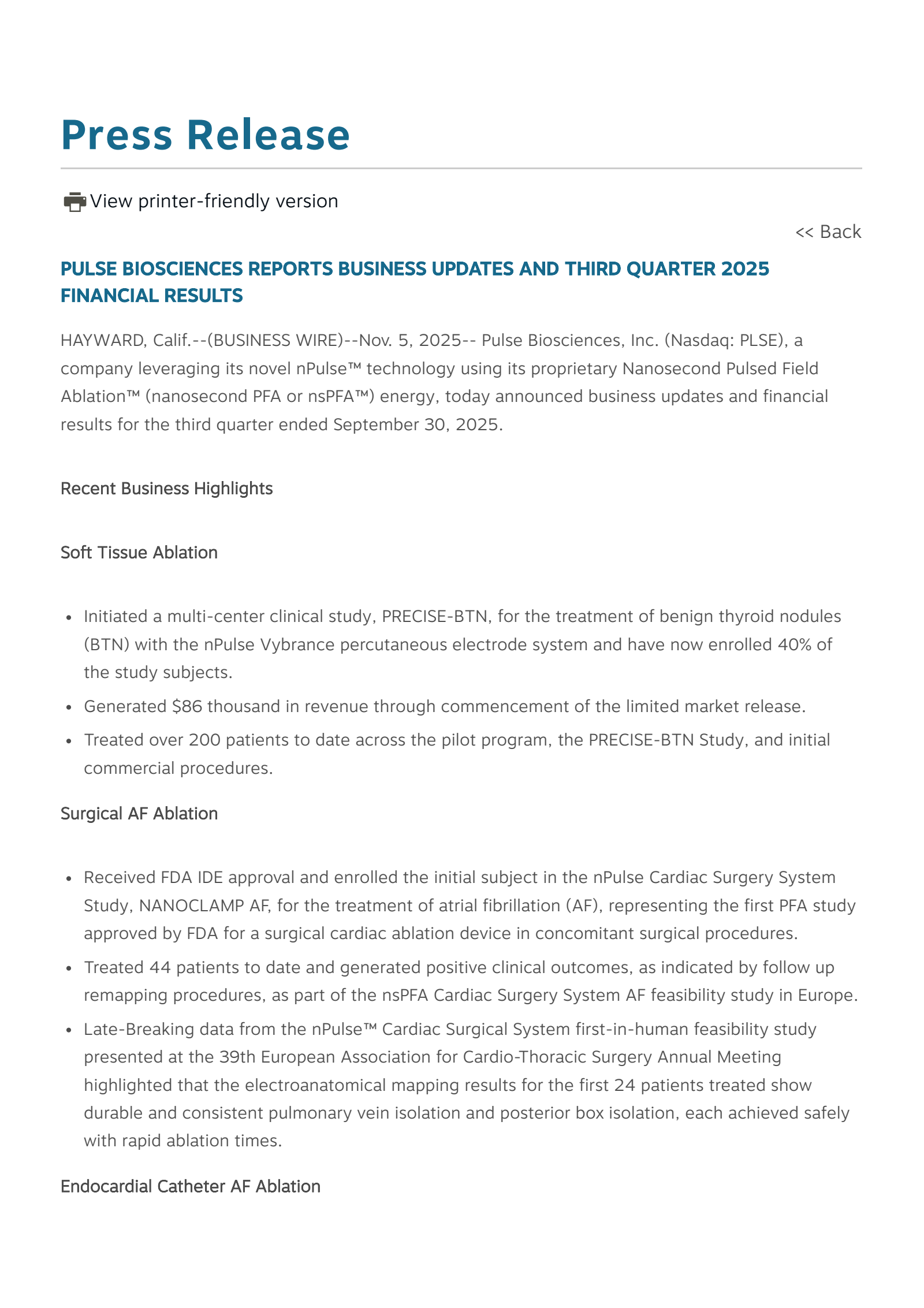 Pulse Biosciences' Q3 2025 Earnings Release