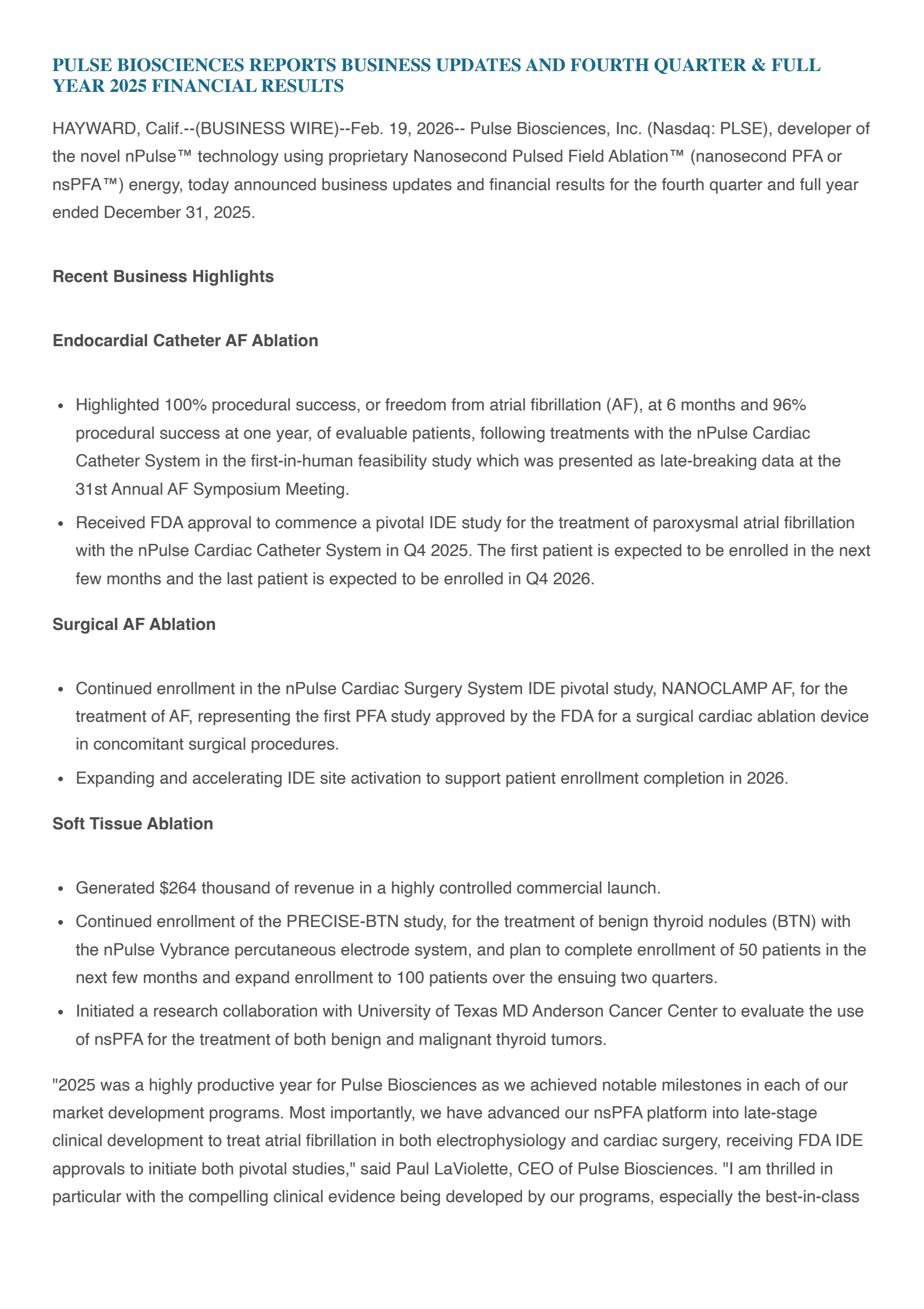 Pulse Biosciences' Q4 2025 Press Release