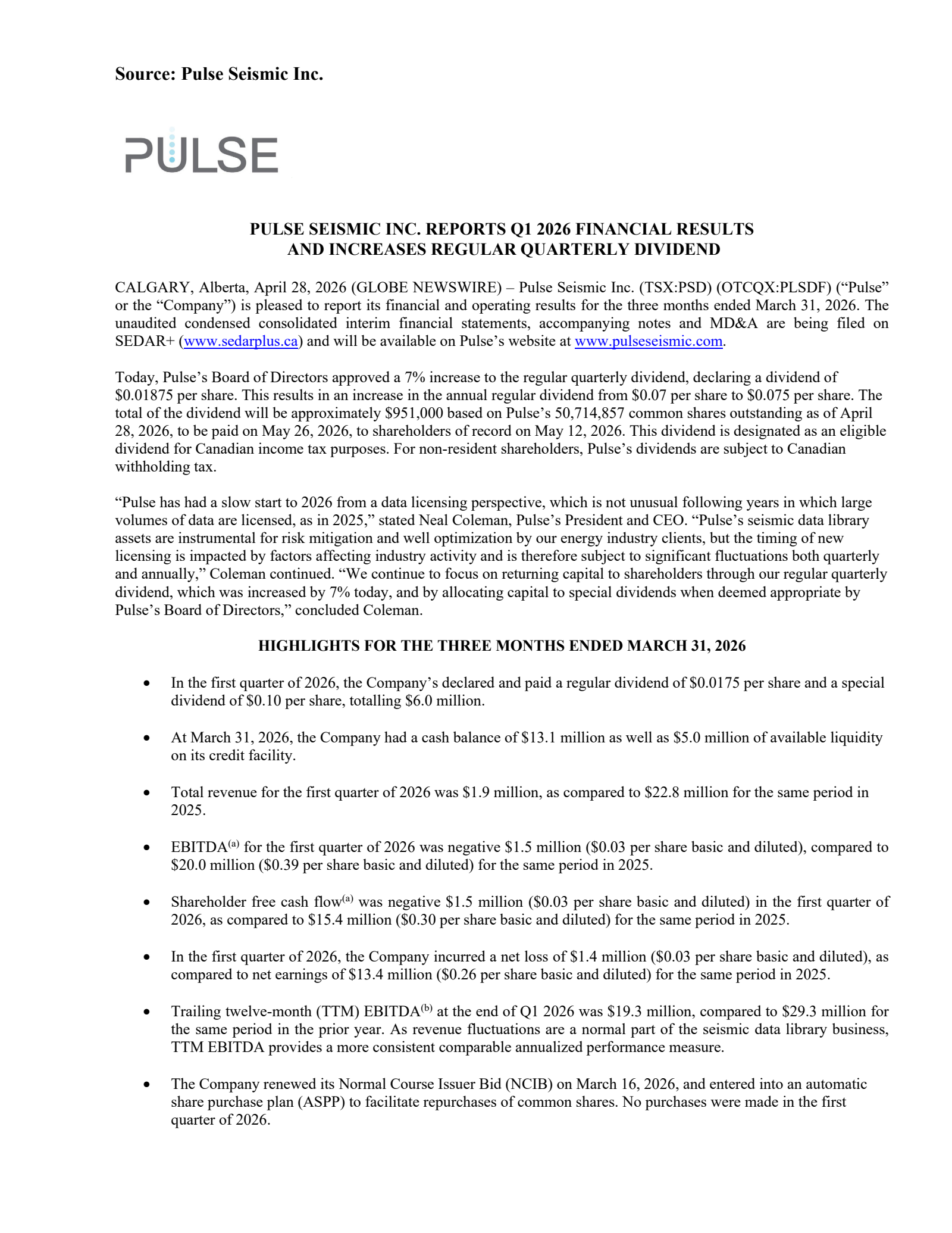 Pulse Seismic's Q1 2026 Press Release