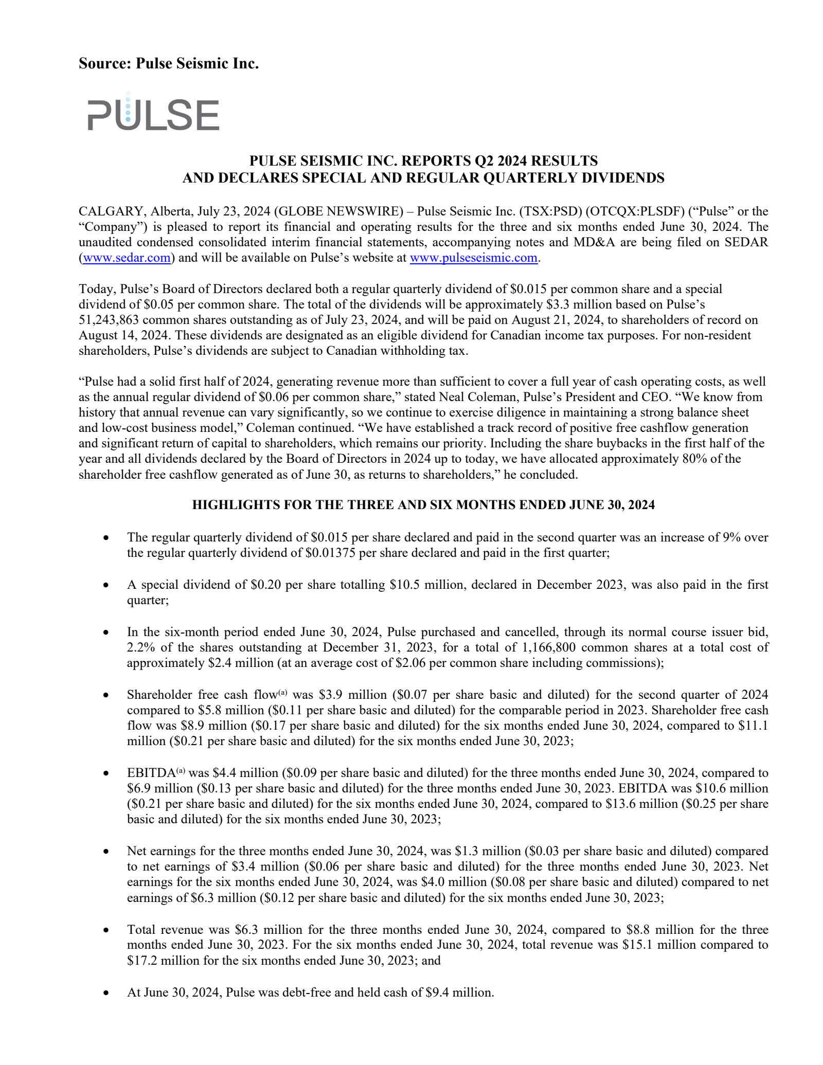 Pulse Seismic's Q2 2024 Press Release