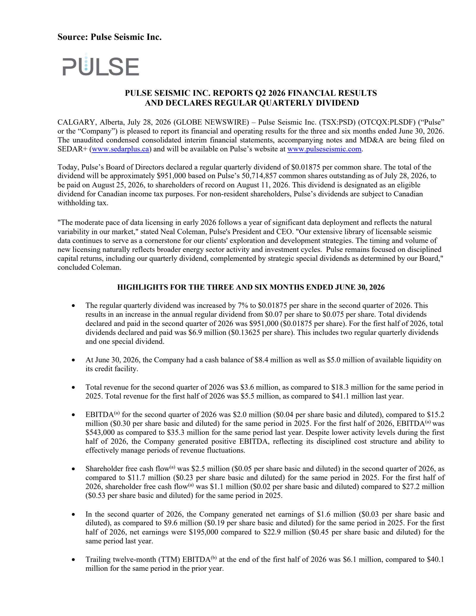 Pulse Seismic's Q2 2026 Press Release