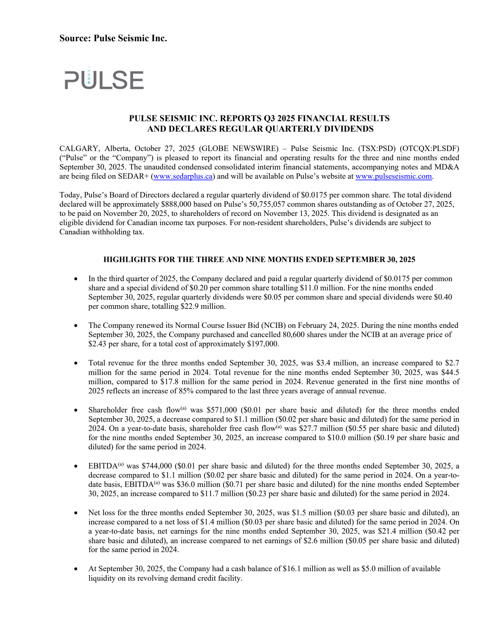 Pulse Seismic's Q3 2025 Earnings Release